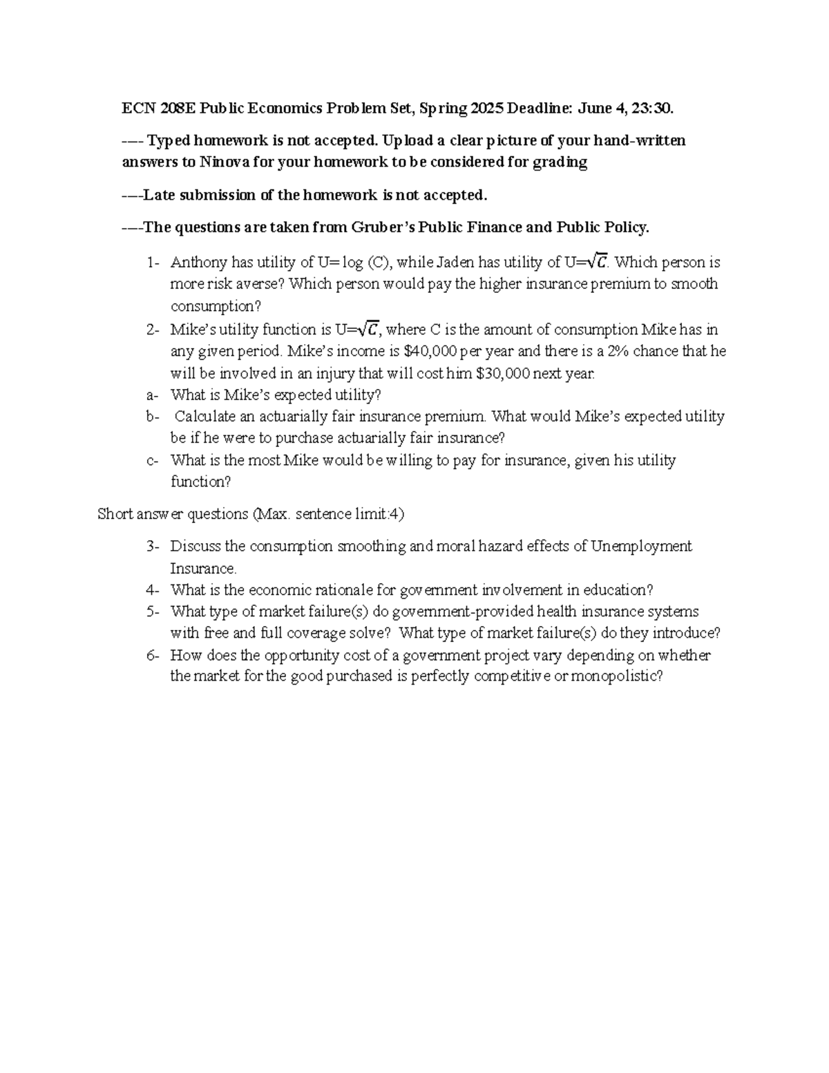 ECN 208E Public Economics Problem Set: Risk Aversion & Insurance ...