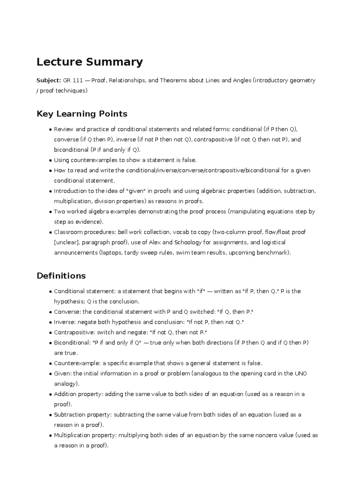 GR 111 Lecture Summary: Proofs and Conditional Statements - Studocu