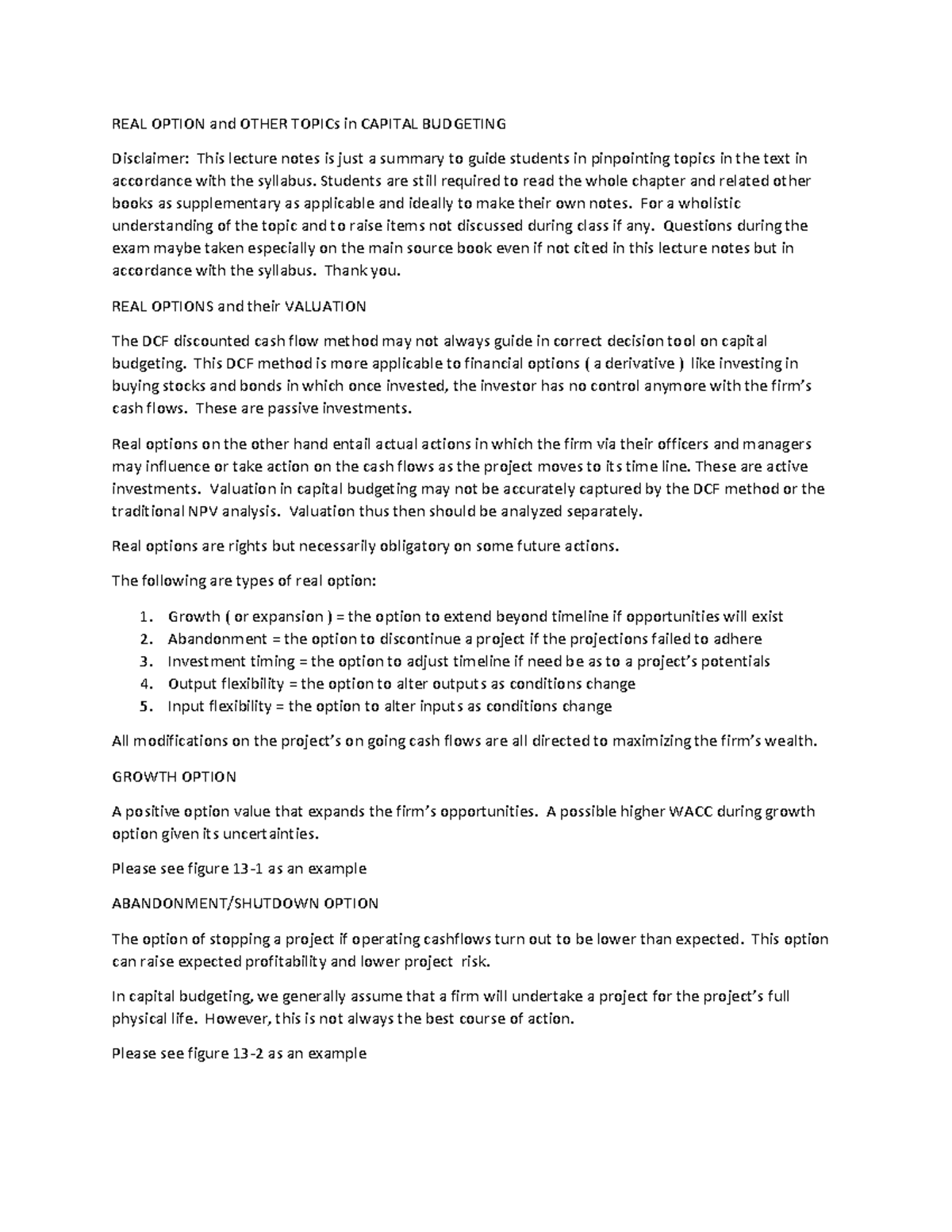 REAL Options and Capital Budgeting Lecture Notes (FIN 101) - Studocu