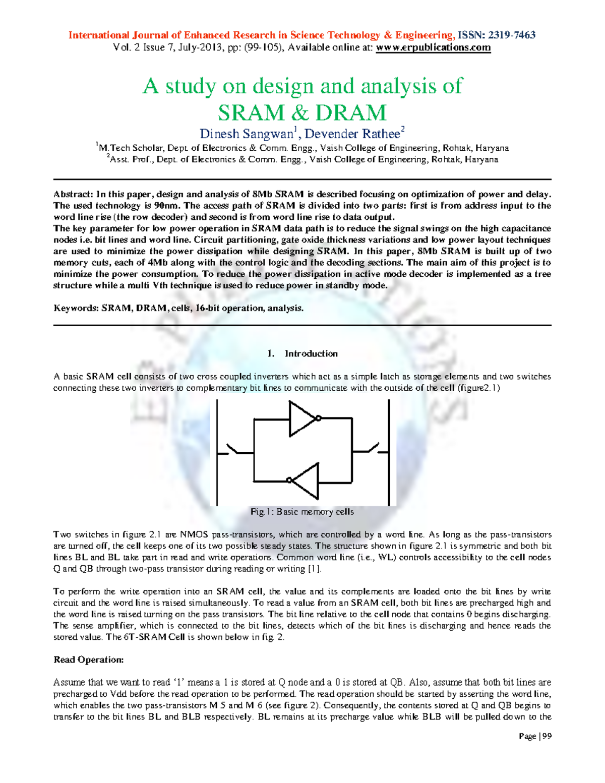 Design and Analysis of SRAM & DRAM: M.Tech Project Report (Vol. 2 ...