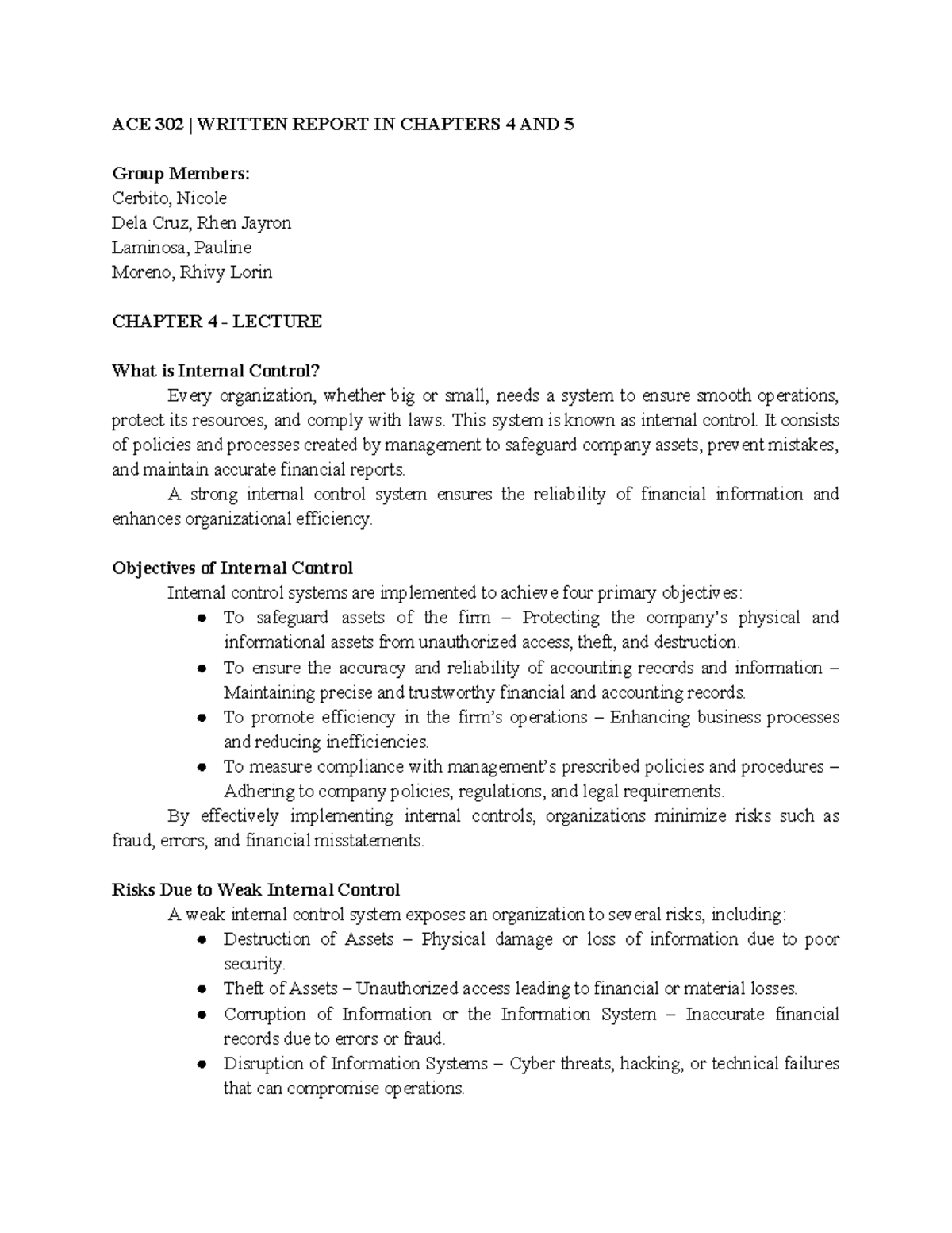 ACE 302 Written Report: Internal Control Insights from Chapters 4 & 5 ...