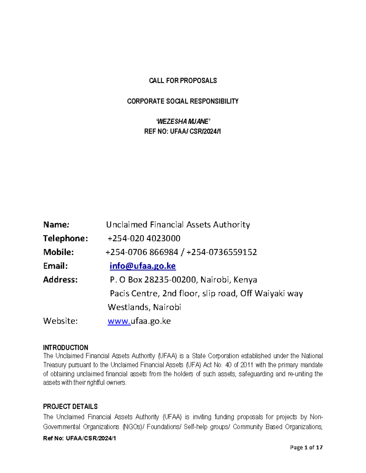 UFAA/CSR/2024 Call for Proposals: Wezesha Mjane Project Funding - Studocu