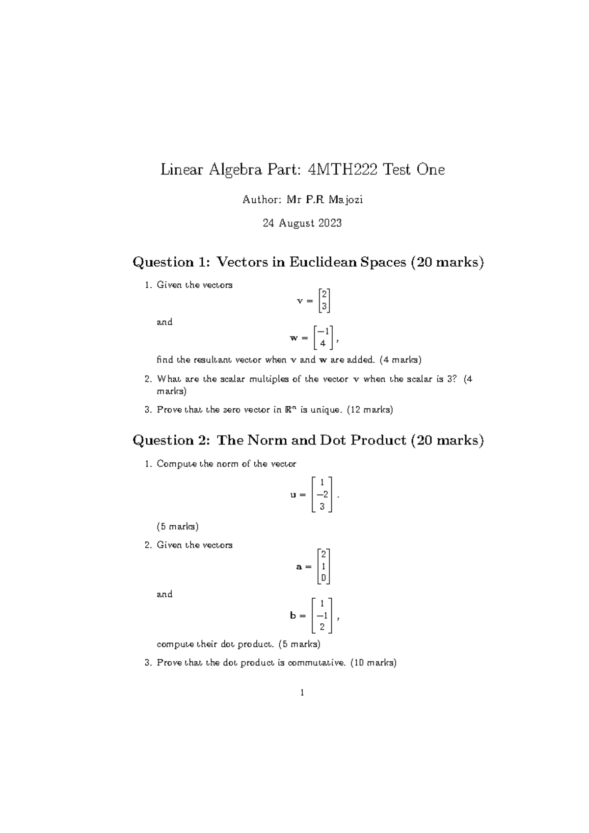 4MTH222 Mock Test One: Linear Algebra Questions and Solutions - Studocu