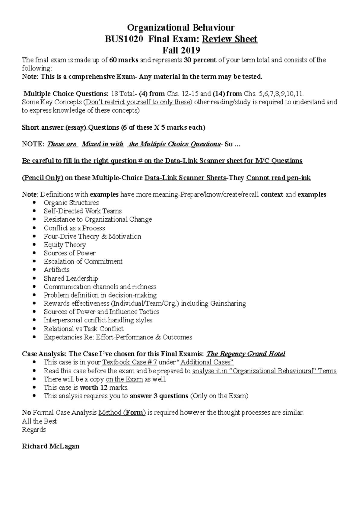 Final Exam Review 2019 - Organizational Behaviour BUS1020 Final Exam ...