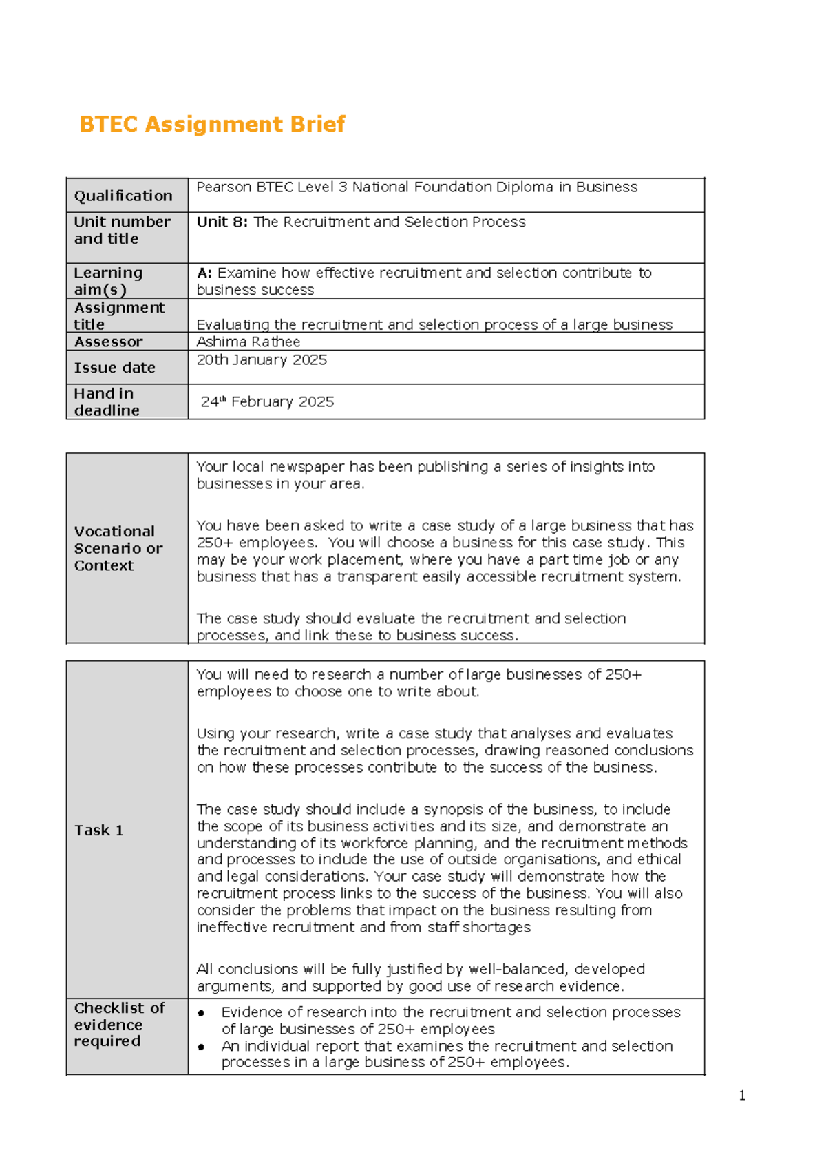 BTEC Level 3 Unit 8 Case Study: Recruitment & Selection Process ...