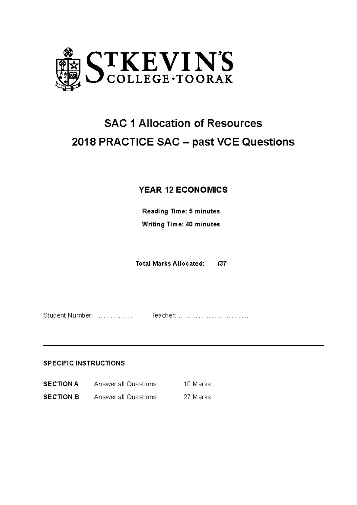 SAC 1 Practice TEST PAST VCE Questions - SAC 1 Allocation of Resources ...