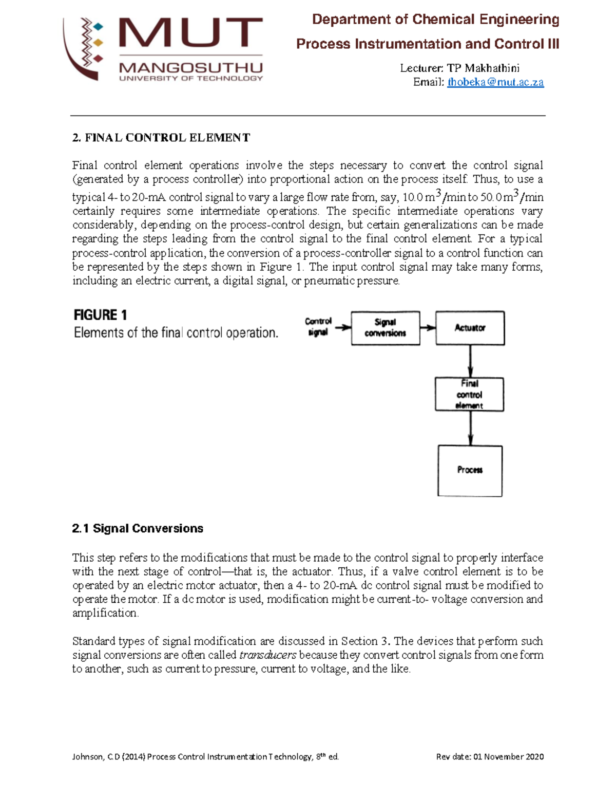 Control Valve - Lecture notes 3 - Process Instrumentation and Control ...