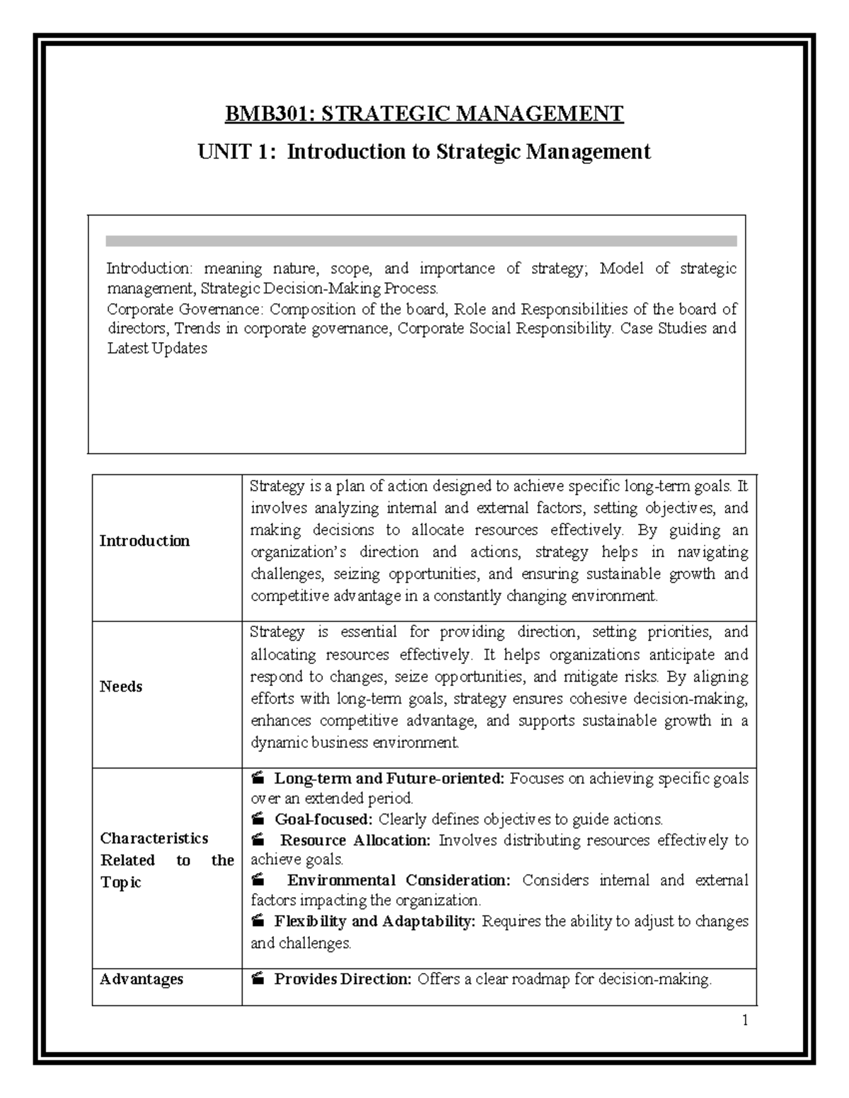 BMB301: Strategic Management Unit 1 - Introduction & Key Concepts - Studocu
