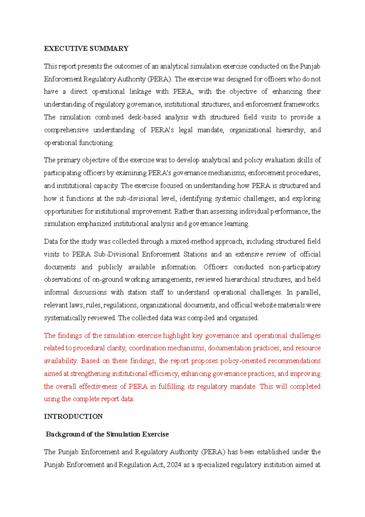 PERA Simulation Report: Enhancing Regulatory Governance and Enforcement ...