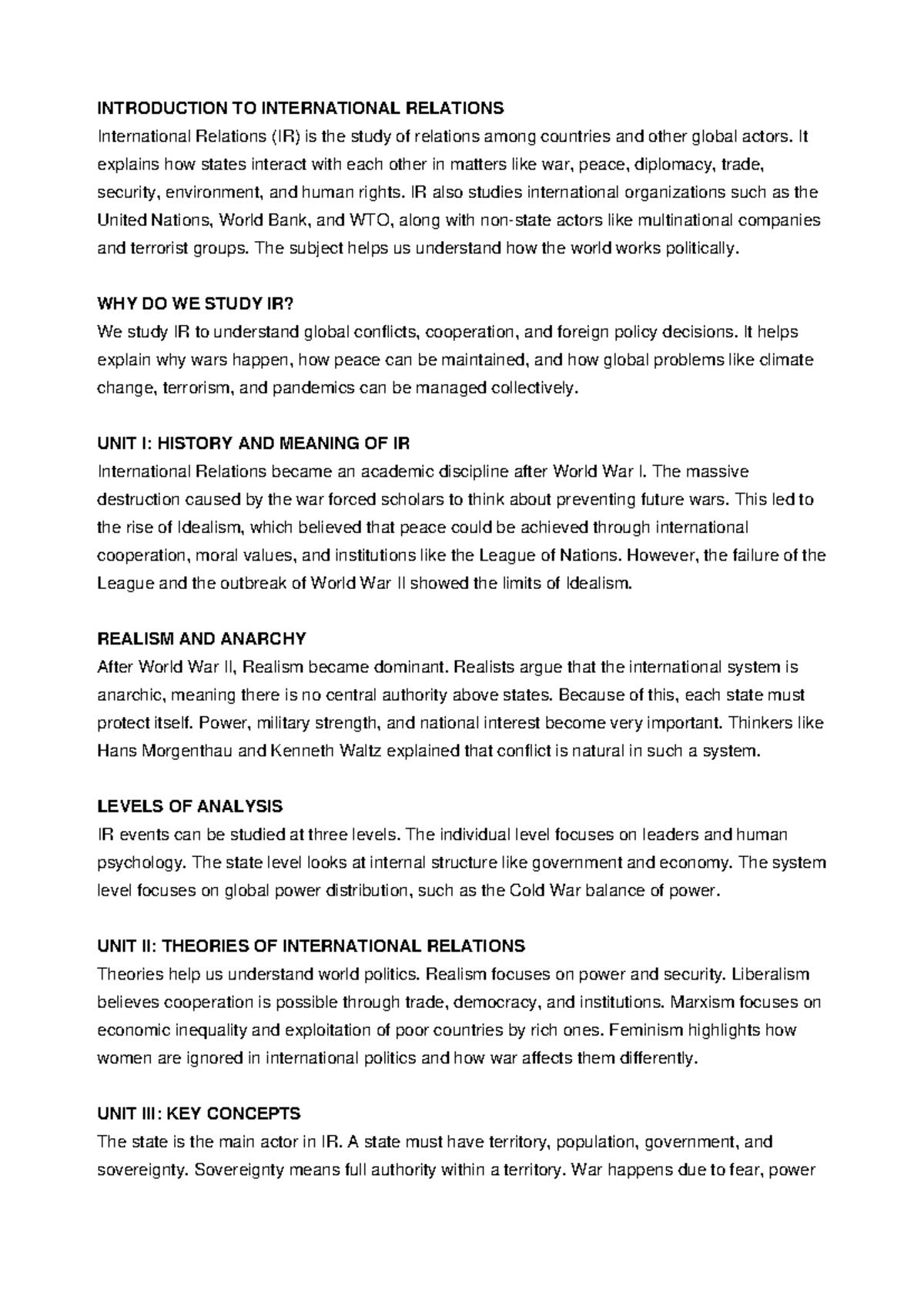IR 500 Words Notes: Introduction to International Relations - Studocu