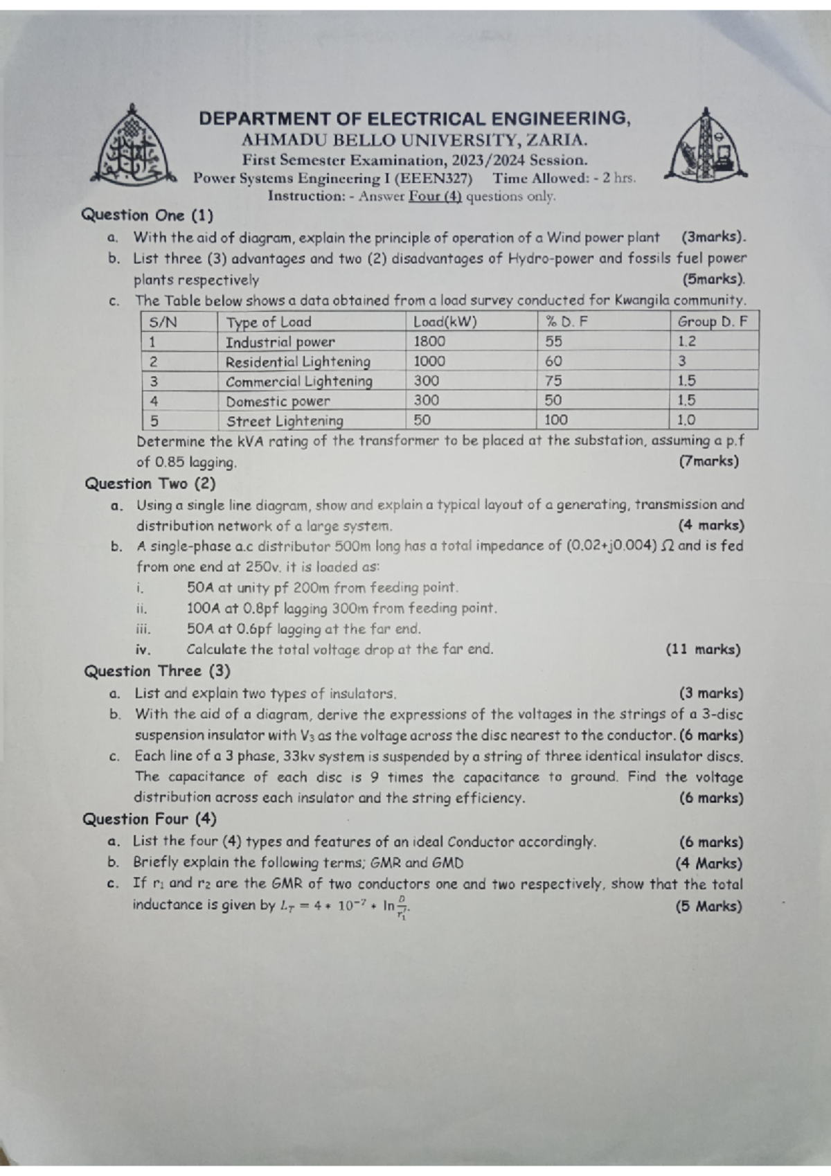 Power Systems Engineering I (EEEN327) First Semester Exam Guide - Studocu