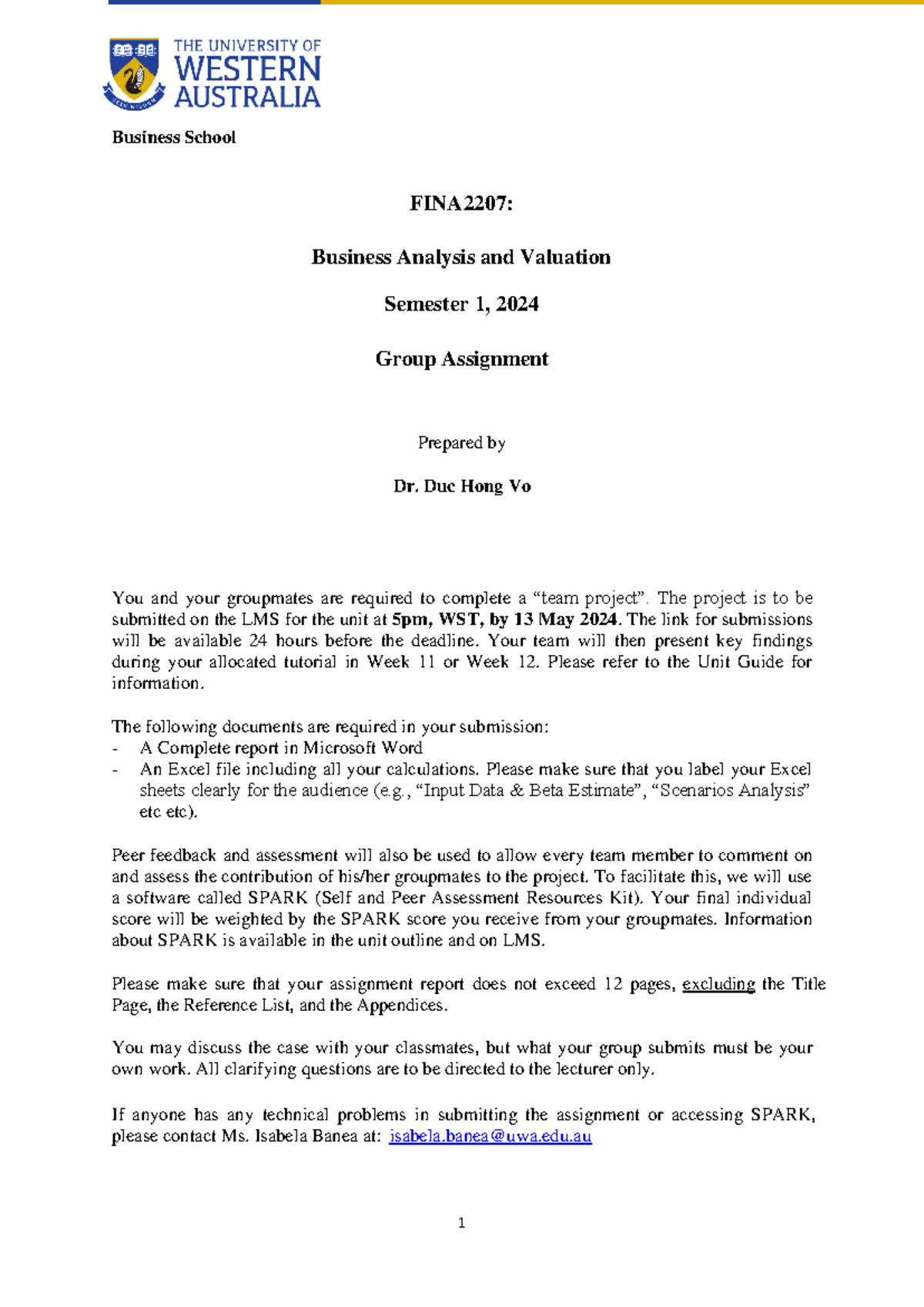 FINA2207 Group Assignment: Business Analysis & Valuation Report 2024 ...