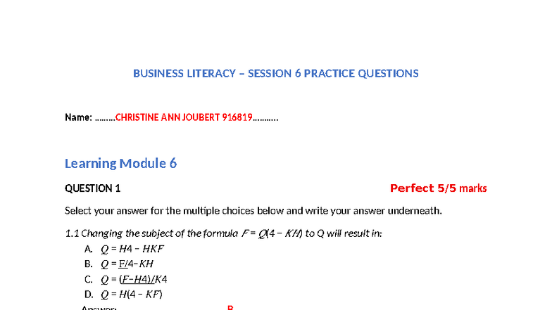 BUSL Session 6 Chapter 6 Practice Questions - Ann Joubert - Studocu