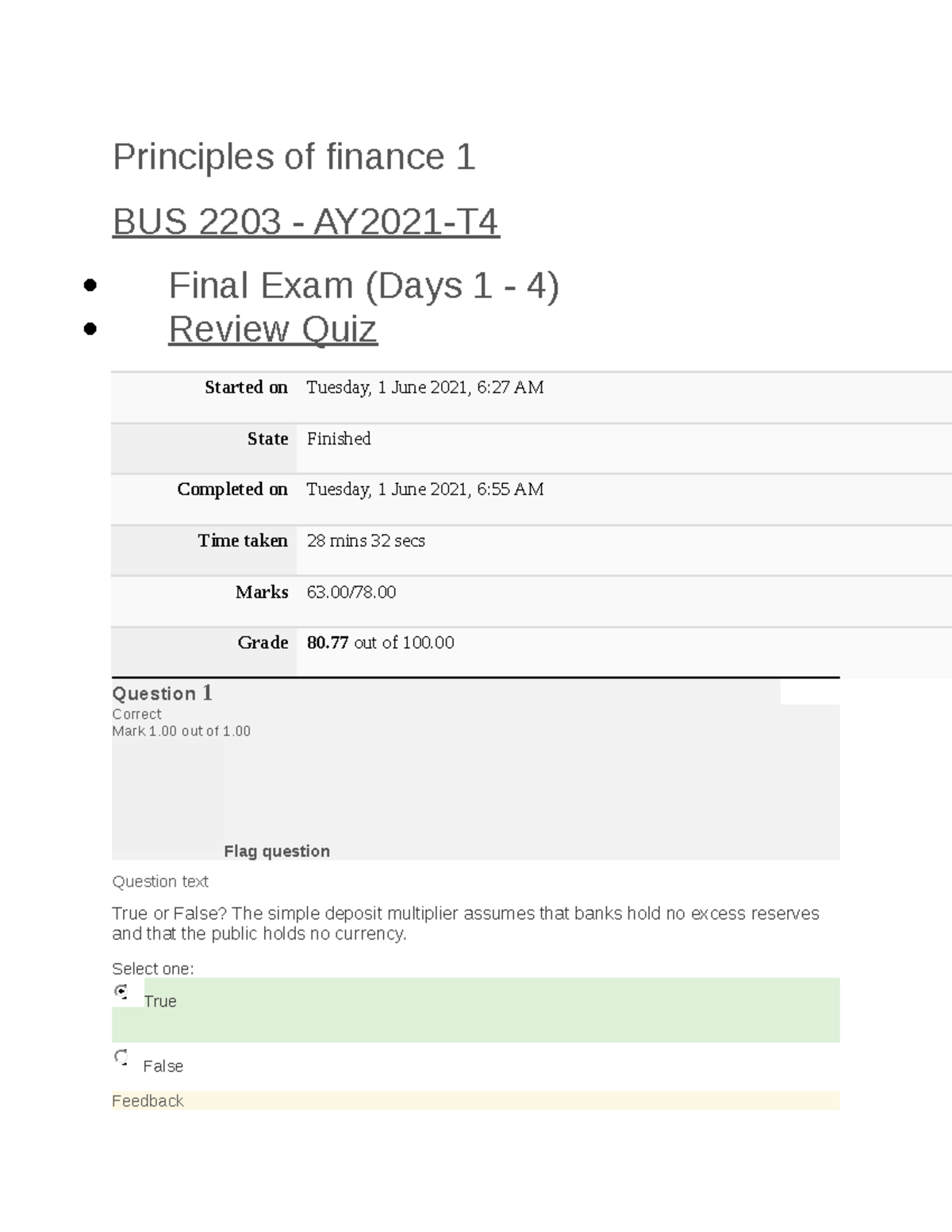 Review Quiz BUS 2203 - Principles of finance 1 BUS 2203 - AY2021-T ...