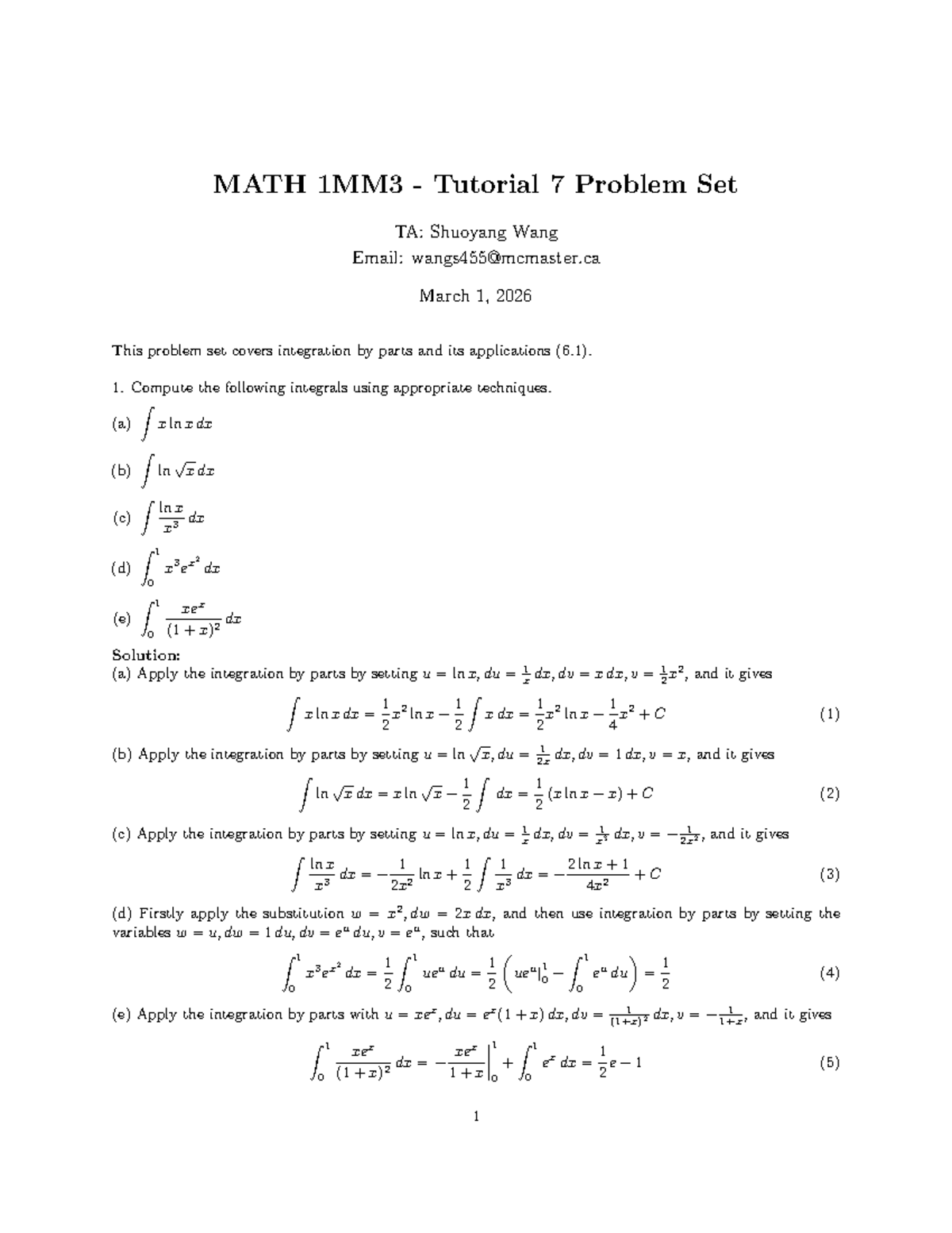 MATH 1MM3 Tutorial 7 Solutions: Integration Techniques and Applications ...