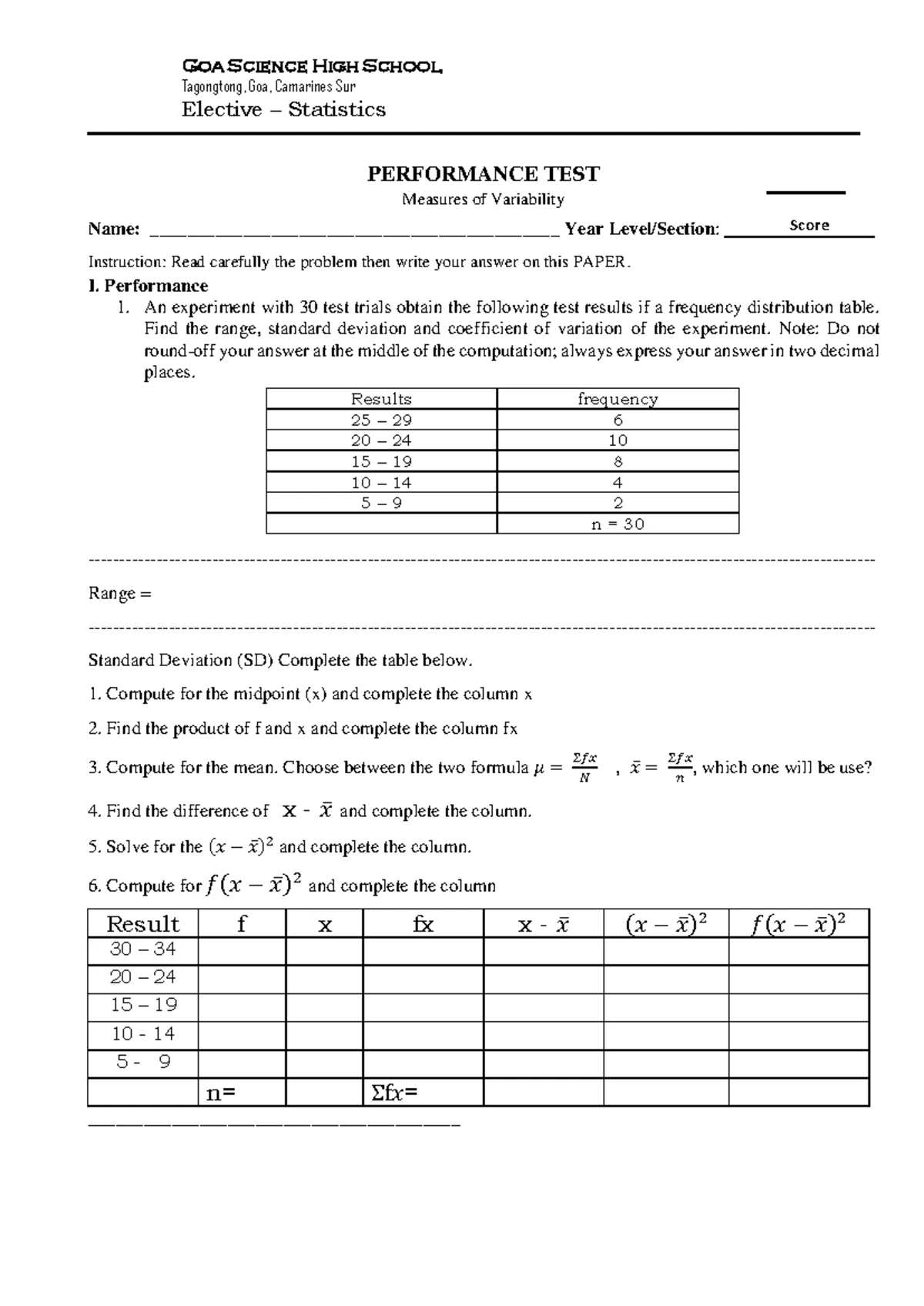 Grade 7 Elective Statistics Performance Task: Cement Mortar Analysis ...