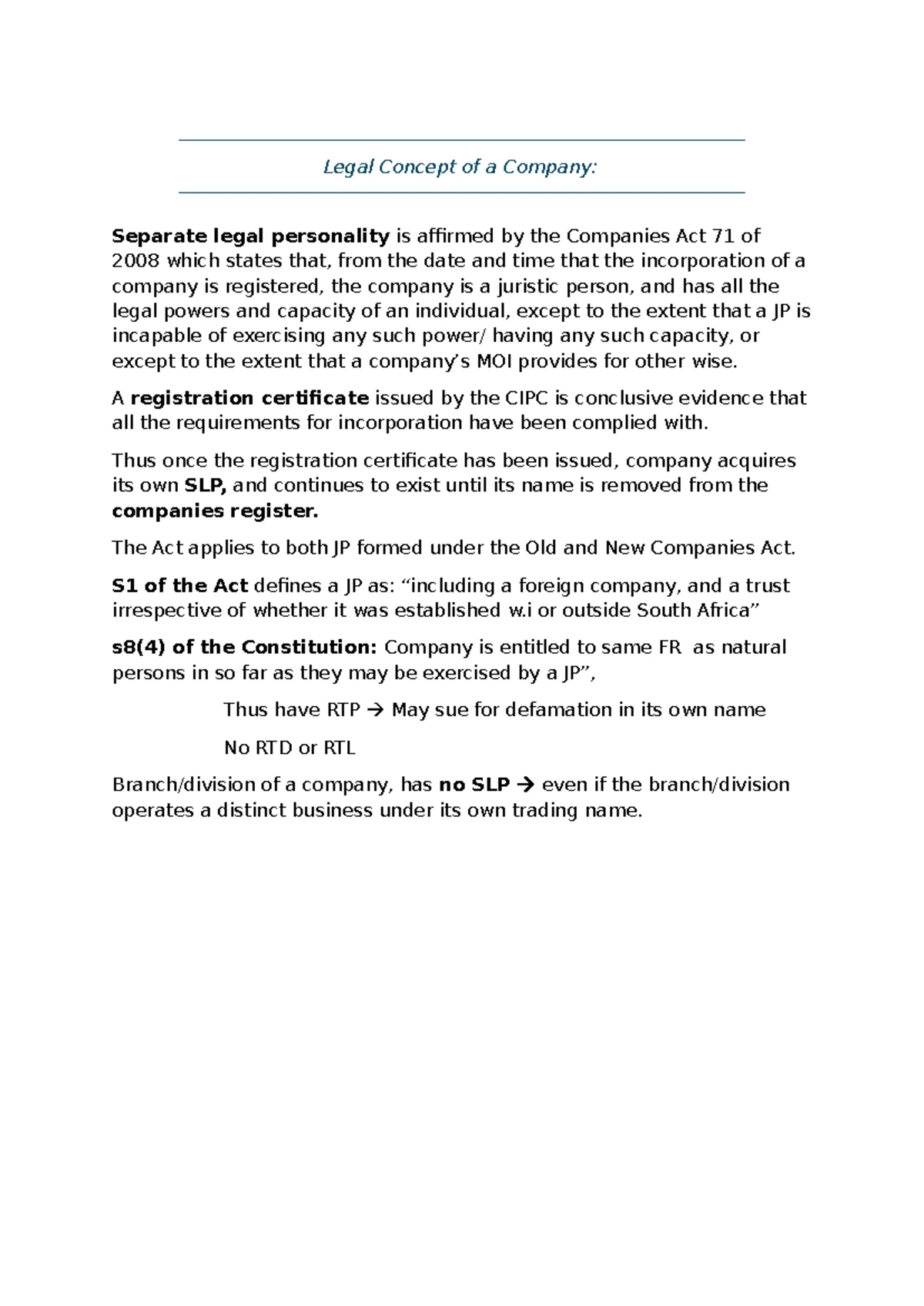 Legal Concept of a Company - Chapter 4 Overview (Final Exam) - Studocu