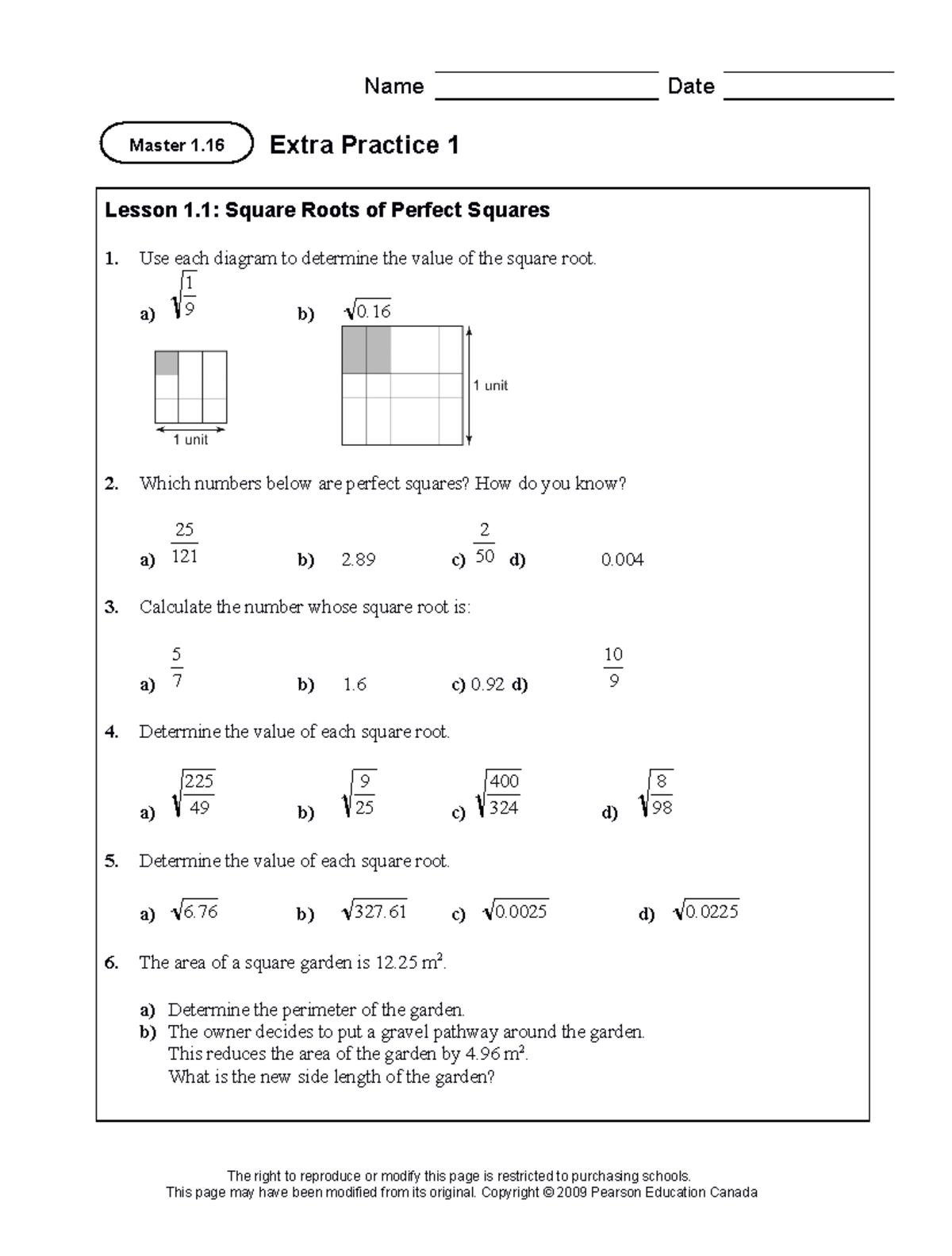 Unit01 ep apk - Math test - Extra Practice 1 Lesson 1: Square Roots of ...