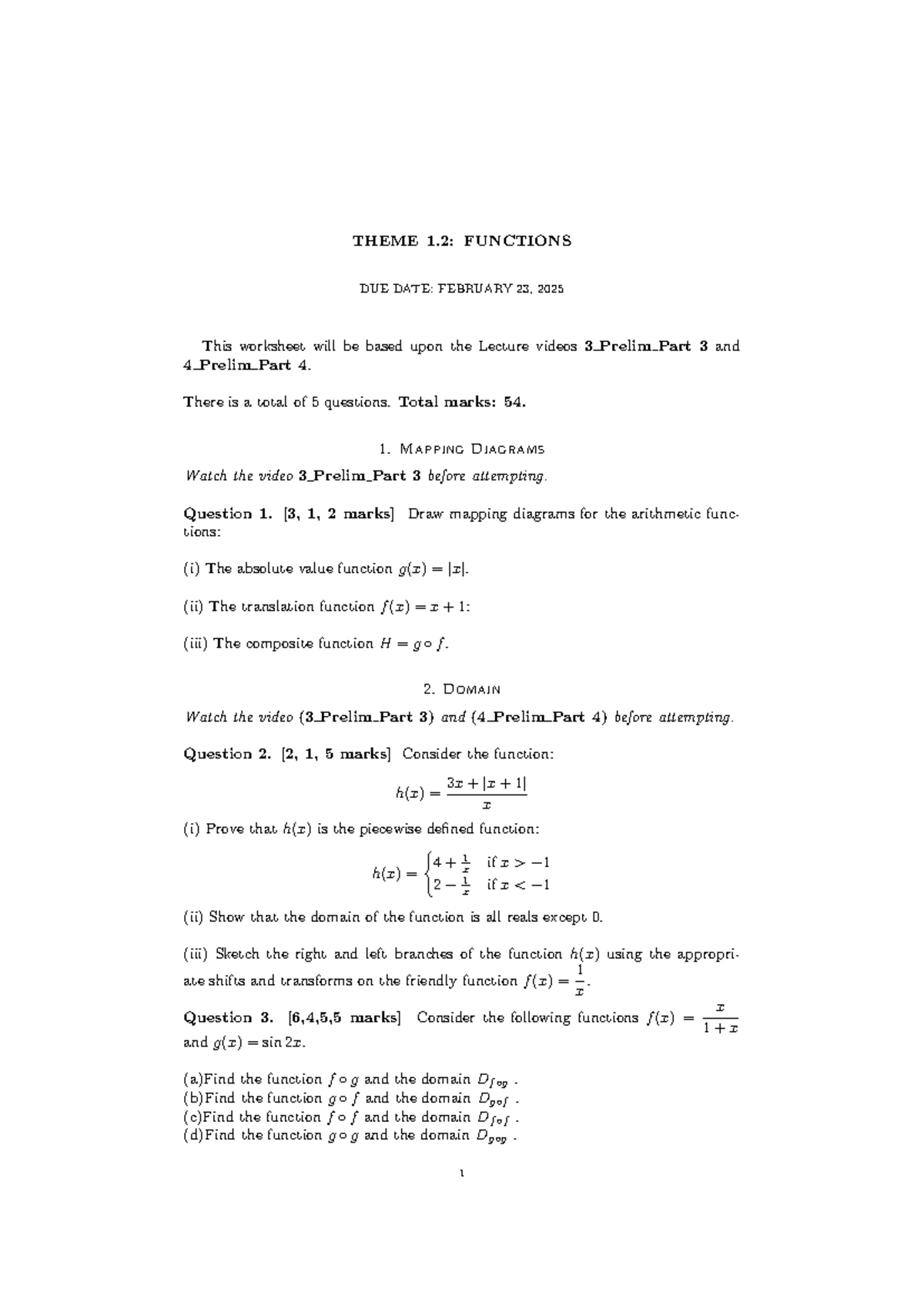 Functions Worksheet: Theme 1.2 - Due Feb 23, 2025 - Studocu