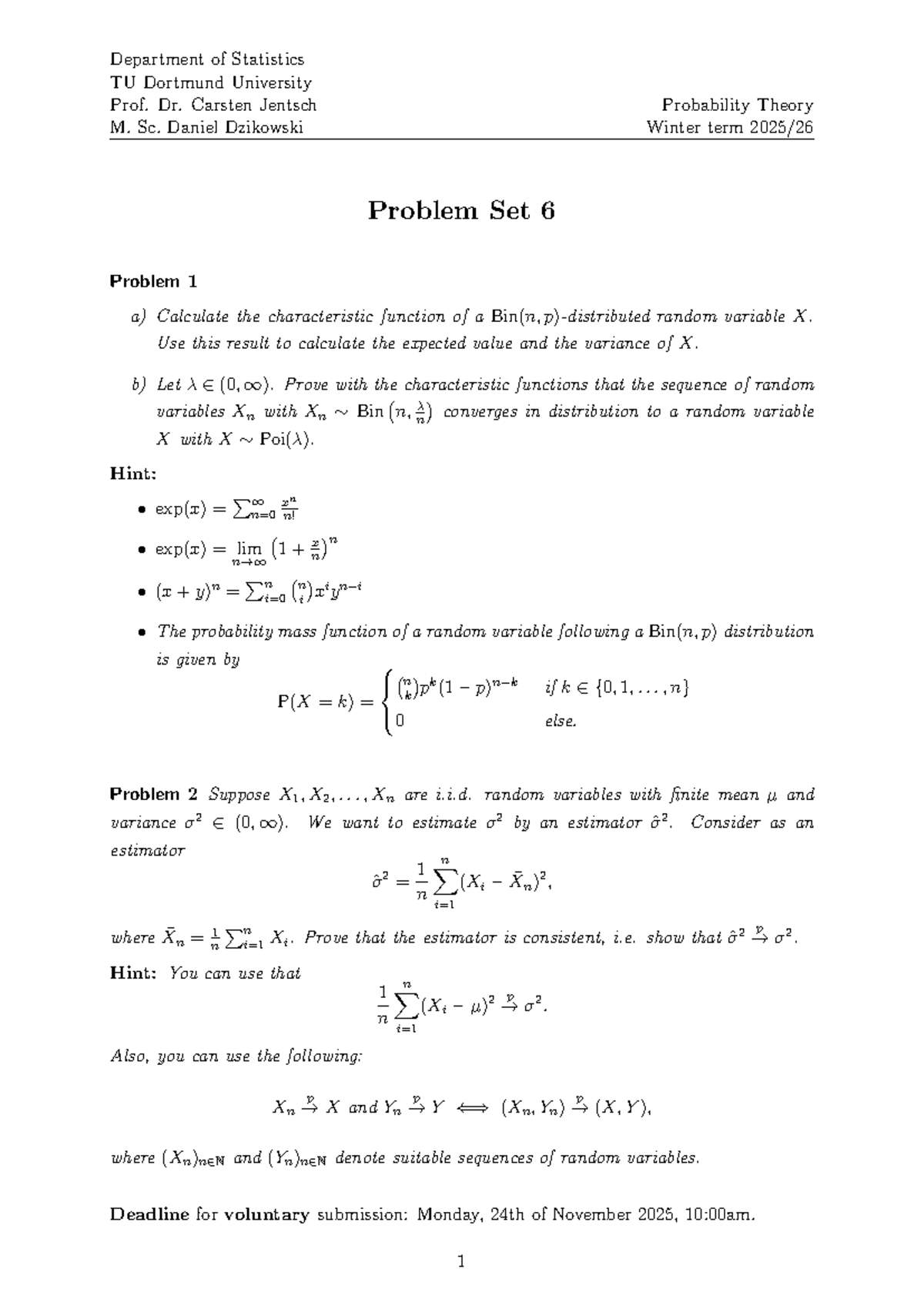 PT 6 - Probability Theory Problem Set: Characteristic Functions ...