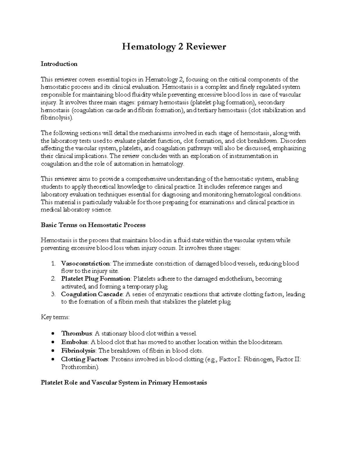 Hematology 2 Final Exam Reviewer: Hemostasis and Coagulation Insights ...