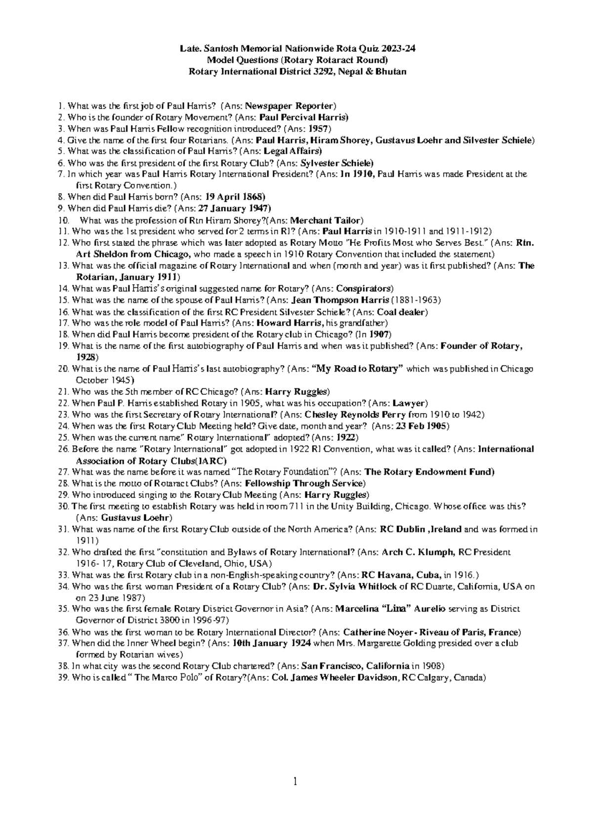 Rotary Quiz Model Questions for District 3292 (Nepal Bhutan) - Studocu