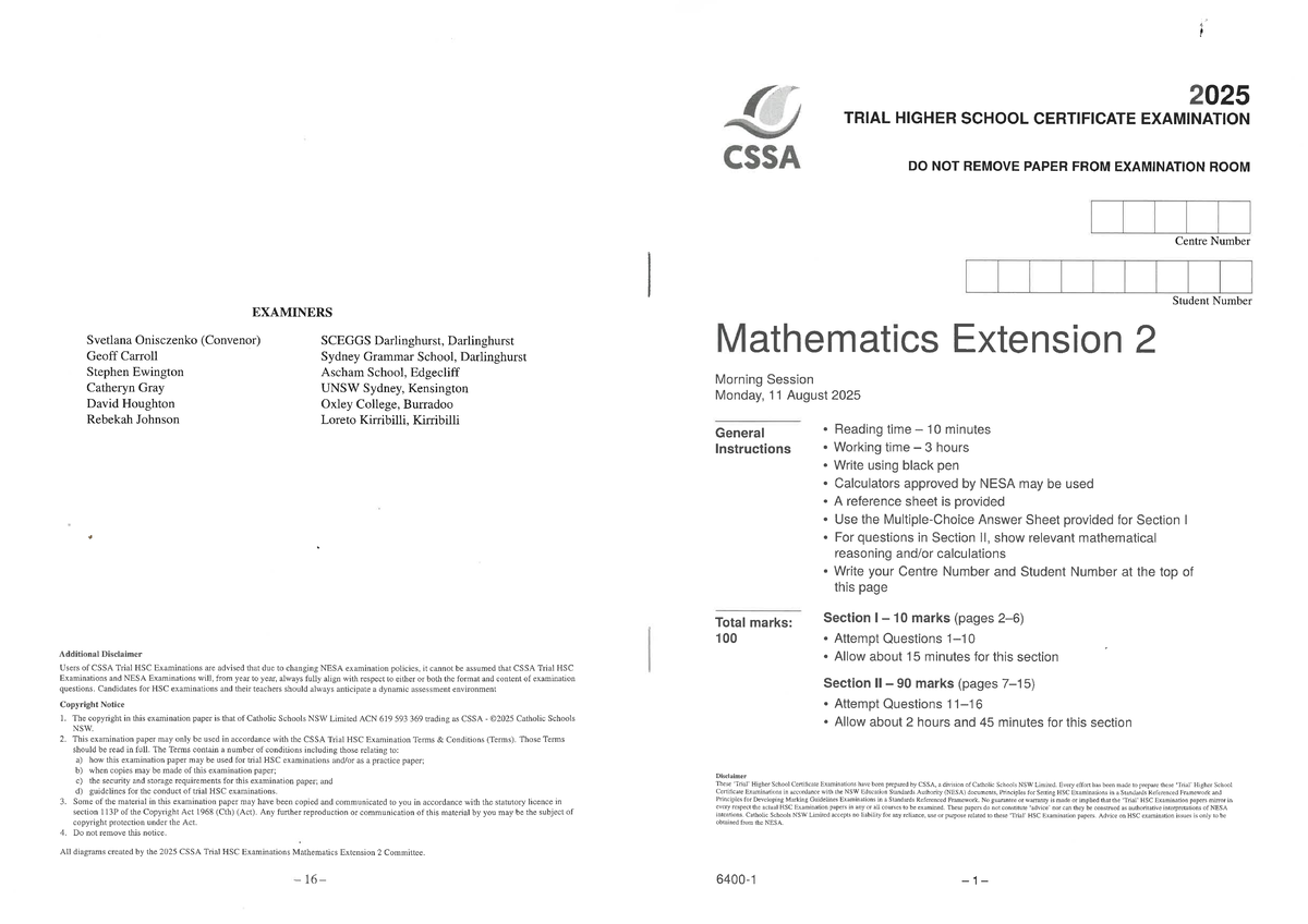 2025 CSSA Trial HSC Mathematics Extension 2 Exam Paper - Studocu