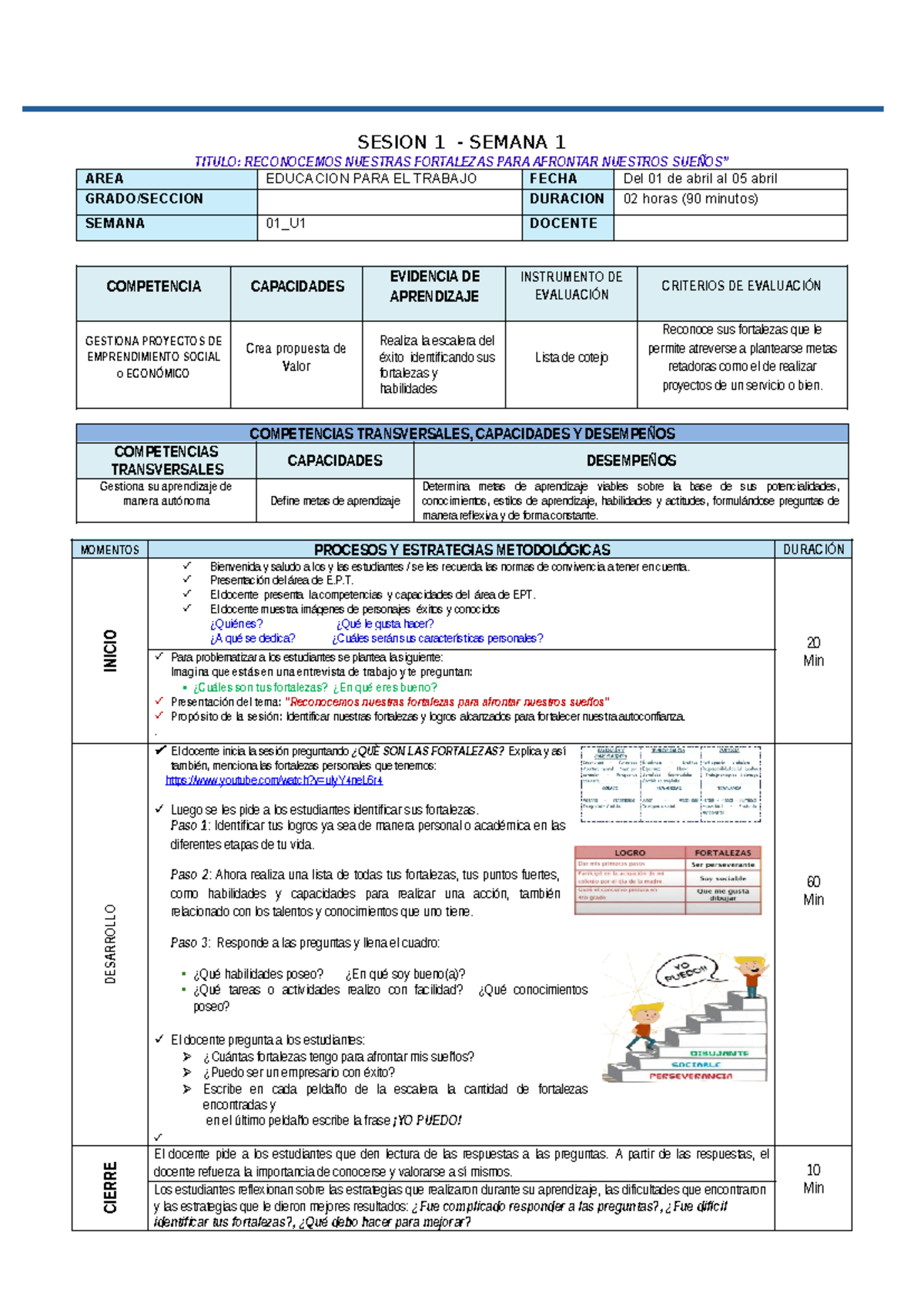 Sesión de Aprendizaje EPT SEM 1 UNID 1: Reconocemos Nuestras Fortalezas ...