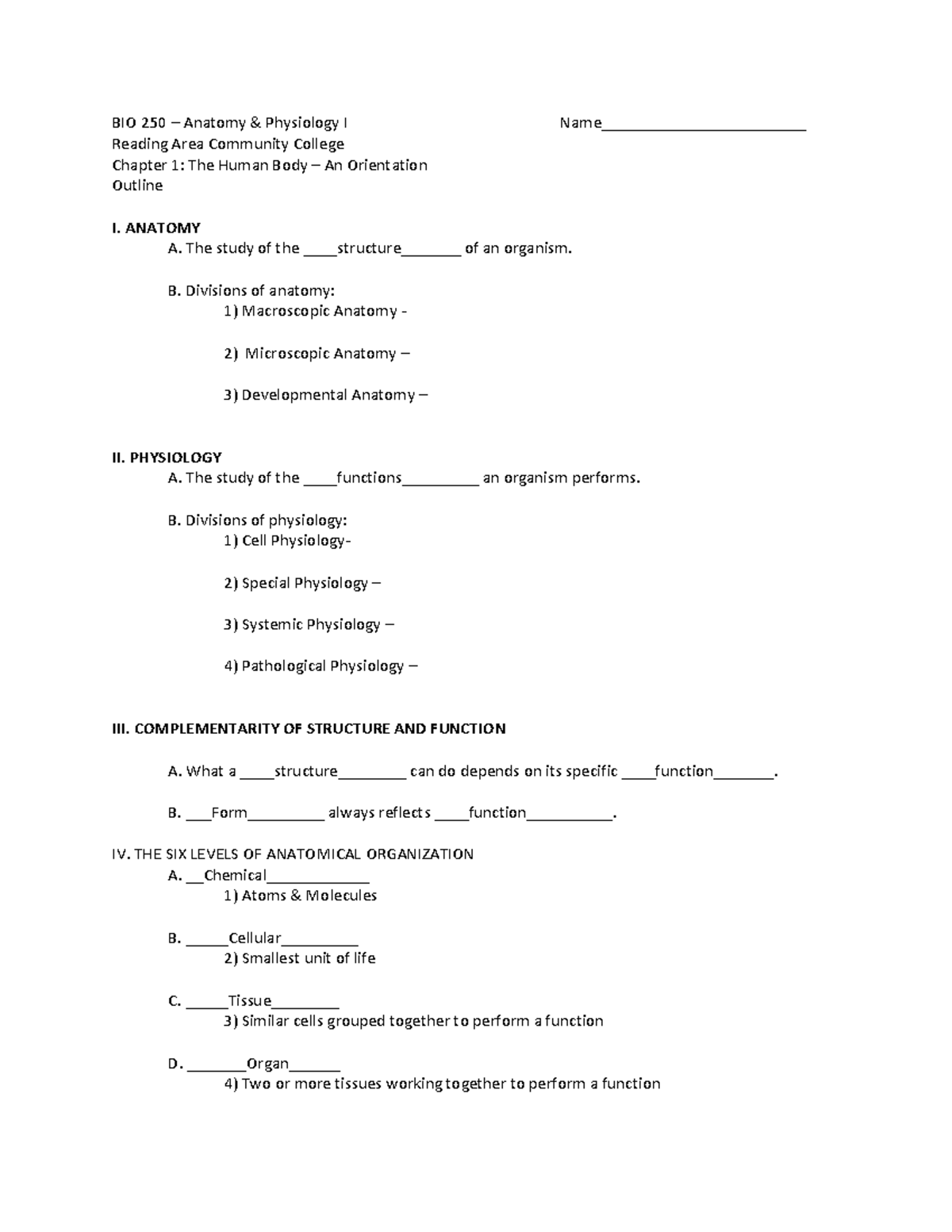 BIO 250 Anatomy & Physiology I: Chapter 1 Overview & Key Concepts - Studocu