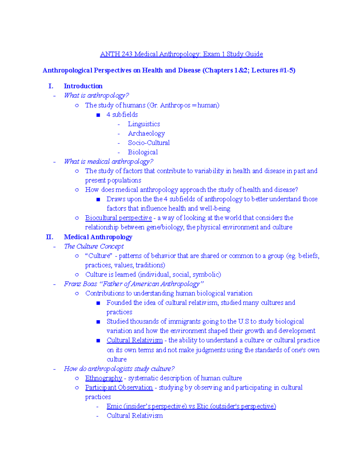 ANTH 243 Medical Anthropology: Exam 1 Comprehensive Study Guide - Studocu