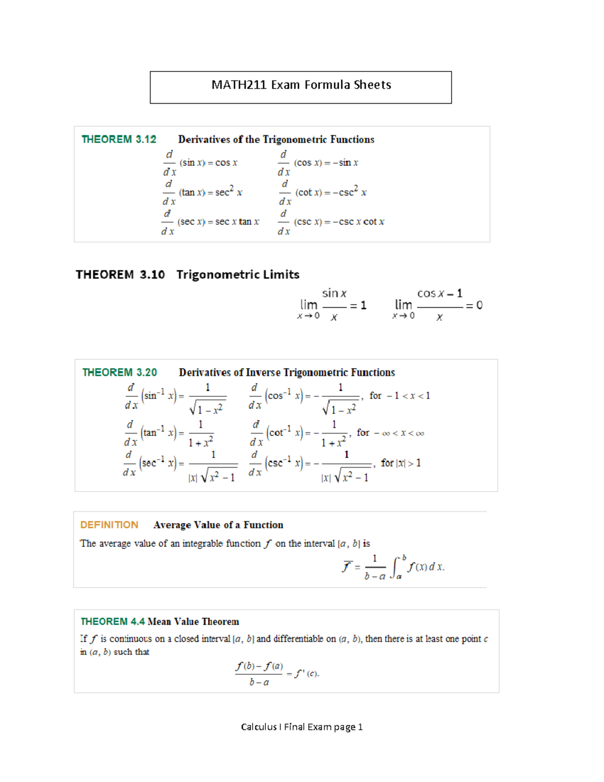 MATH211 Exam Formula Sheets - MATH 211 - Studocu