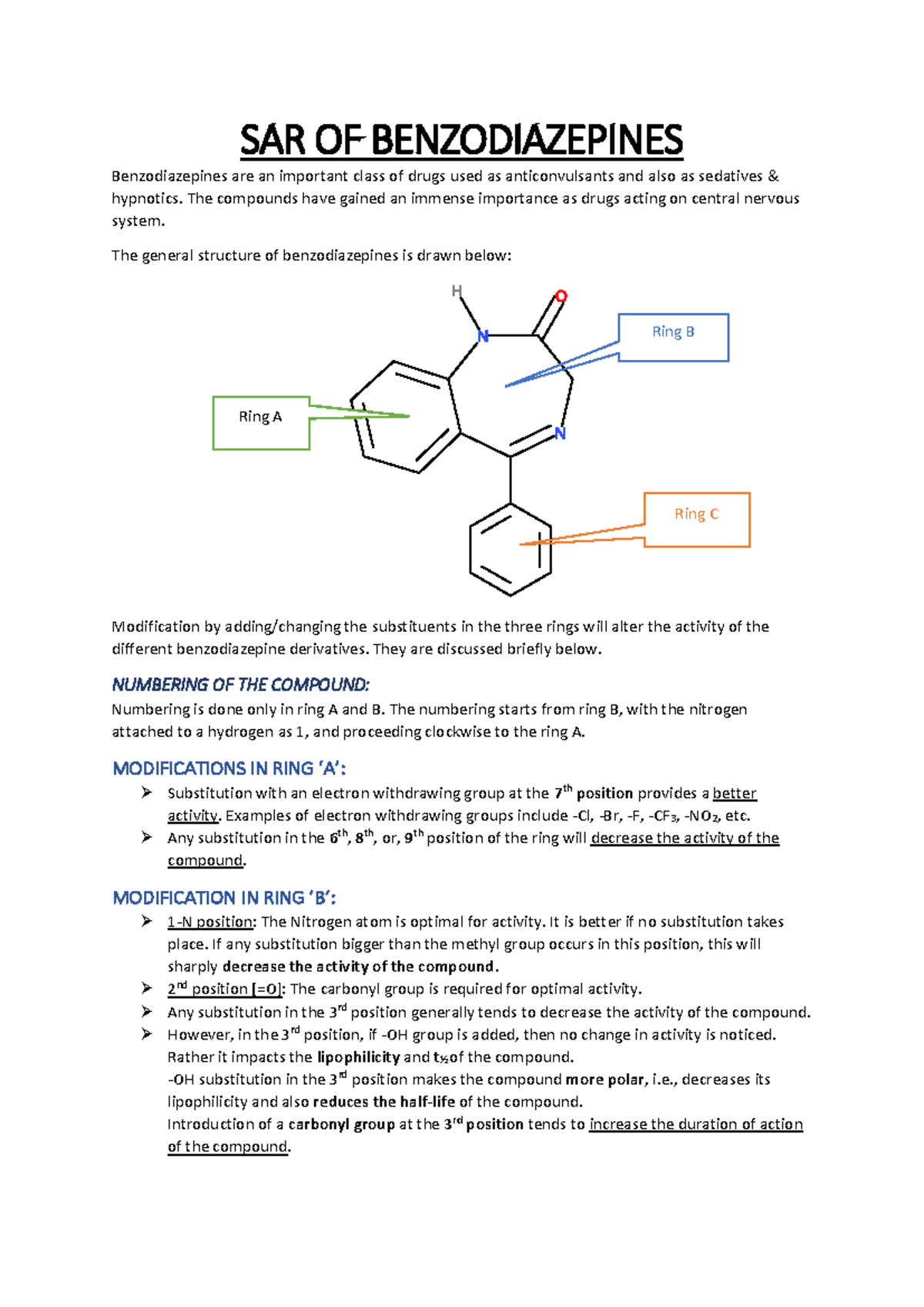 SAR Analysis of Benzodiazepines and Their Modifications - Studocu