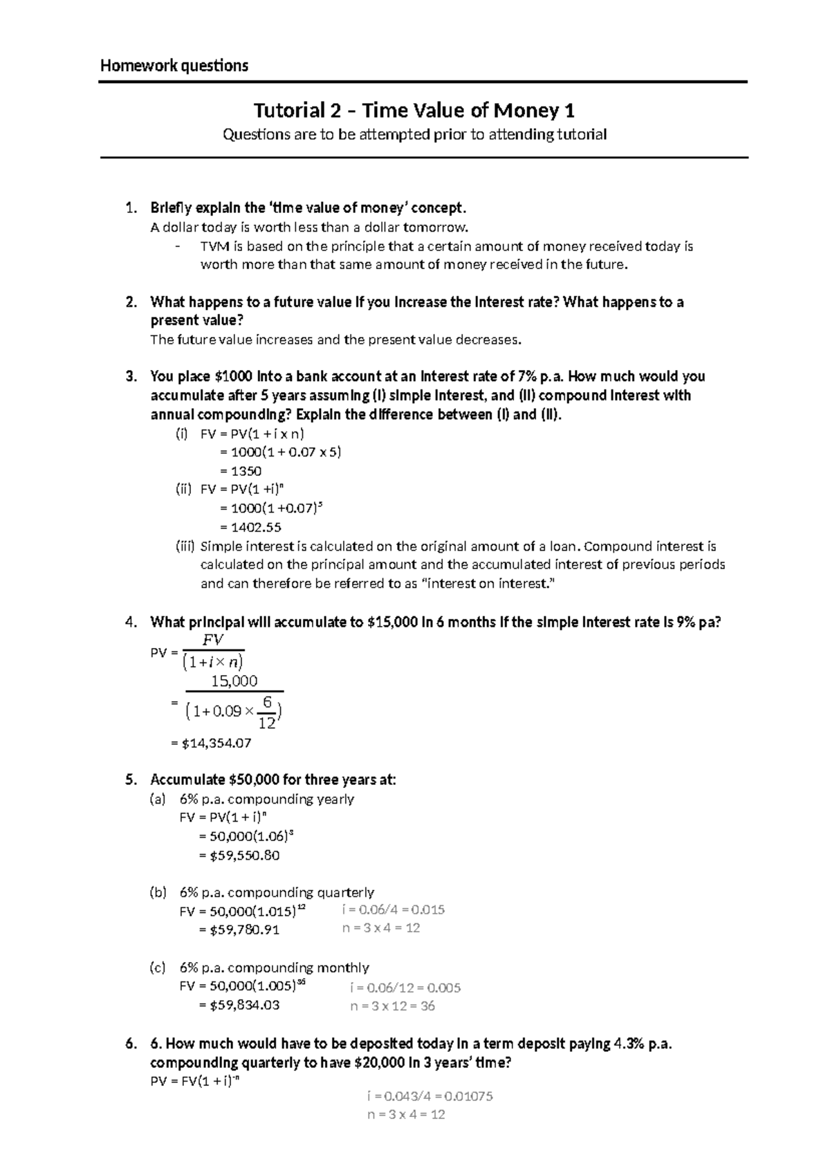 Homework answers - Homework questions Tutorial 2 – Time Value of Money ...