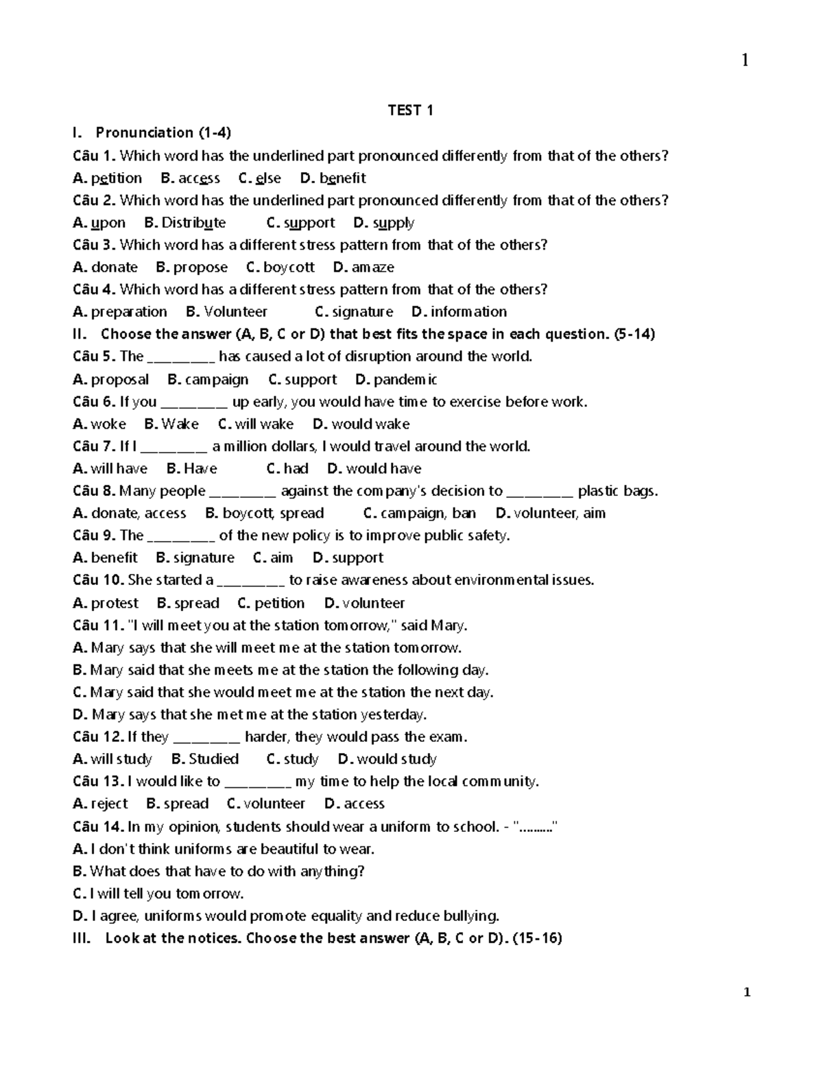 TEST 1 - Pronunciation and Grammar Practice - Studocu