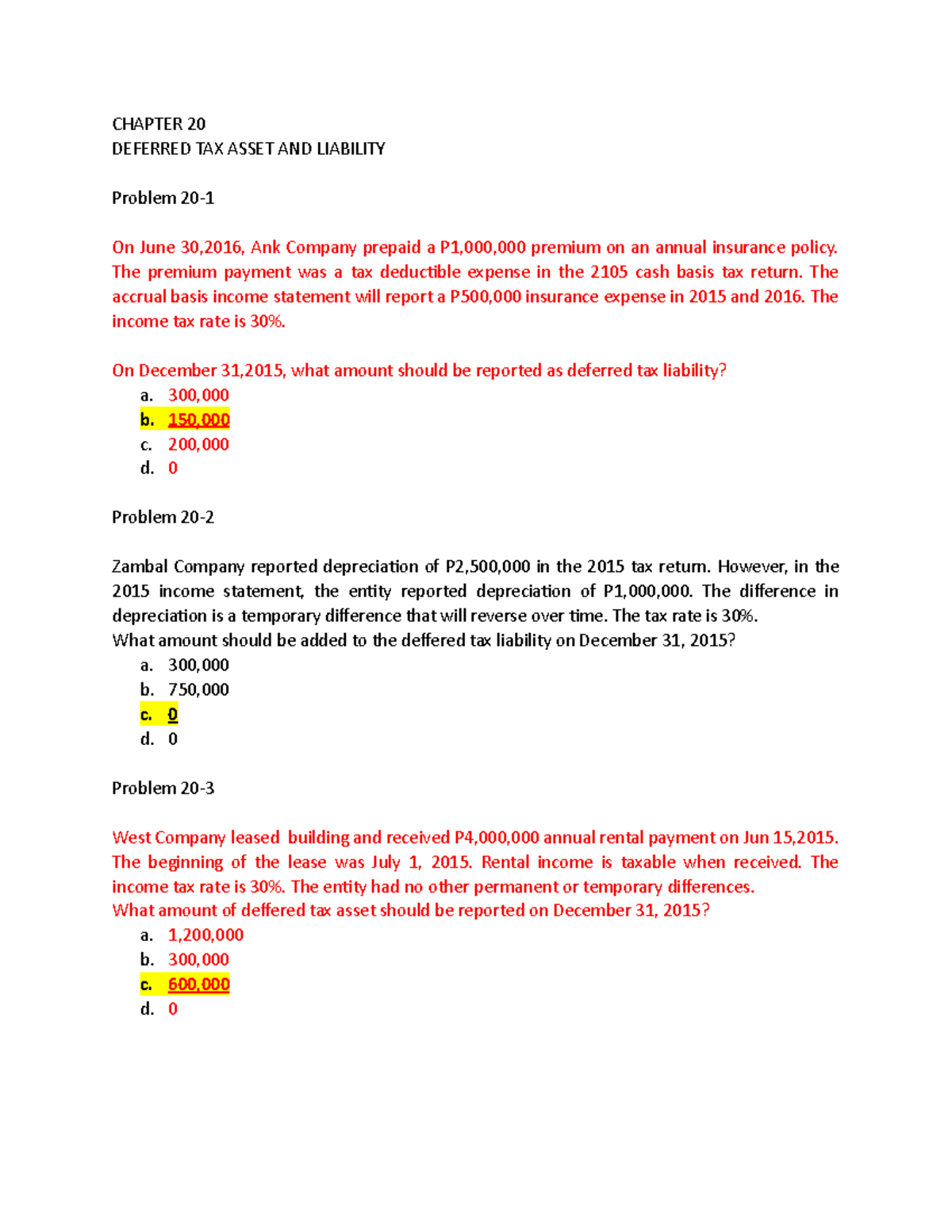 Deferred Tax Assets & Liabilities: Chapter 20 Problems (FIN 101) - Studocu