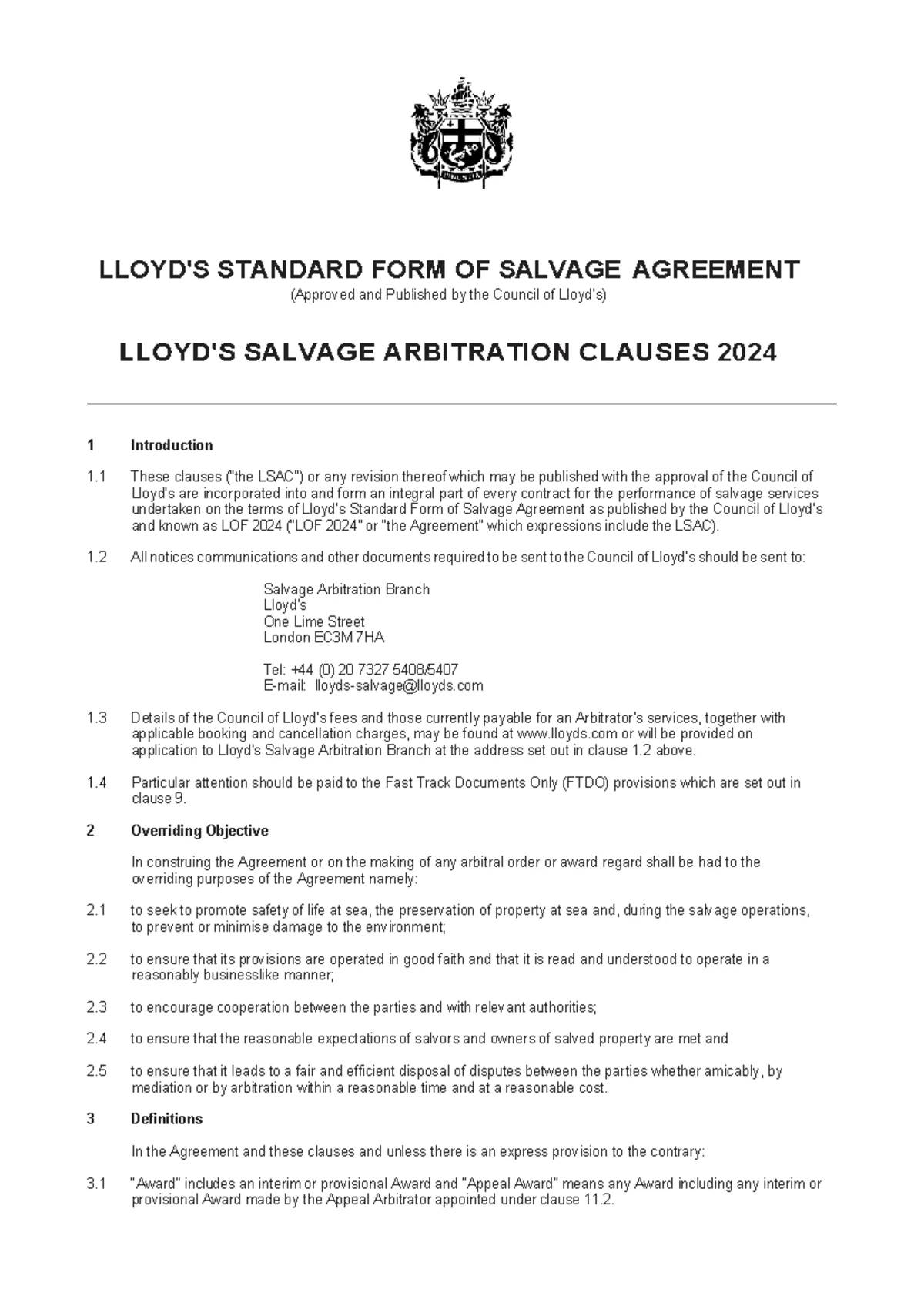 LOF 2024 Standard Form of Salvage Agreement - NO CURE NO PAY - Studocu