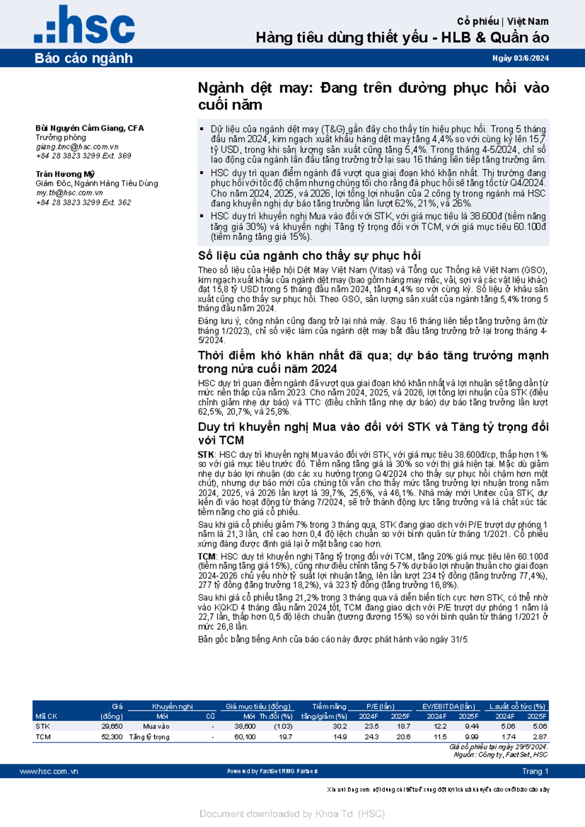 PHÂN TÍCH NGÀNH DỆT MAY - hsc.com Powered by FactSet RMS Partners Trang ...