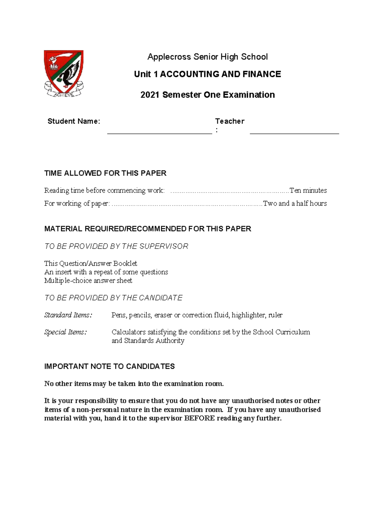 2021 Axshs ACF Semester 1 Final Exam Paper - Studocu