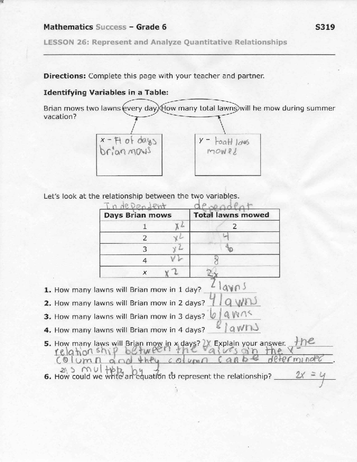 Math S319 - Grade 6 Lesson 26: Analyzing Quantitative Relationships ...