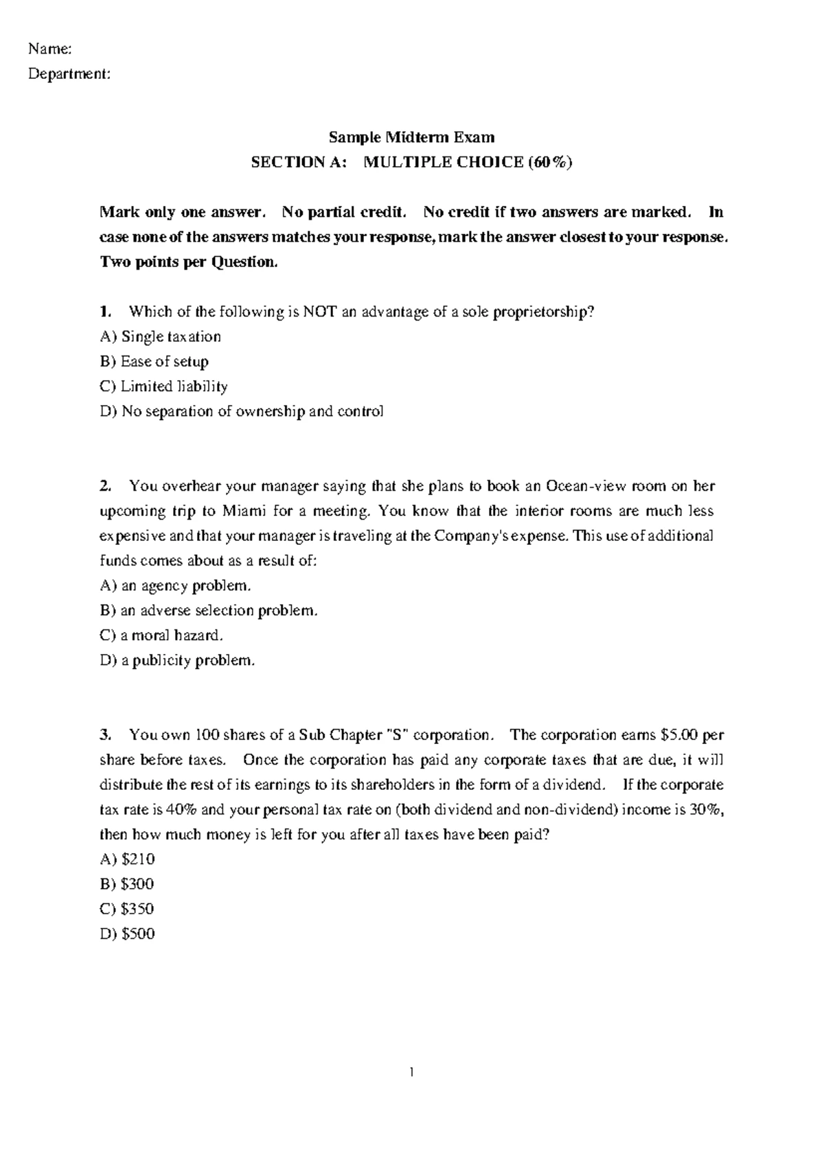 Sample Midterm Exam 2024Mar Solutions for Finance Course - Studocu