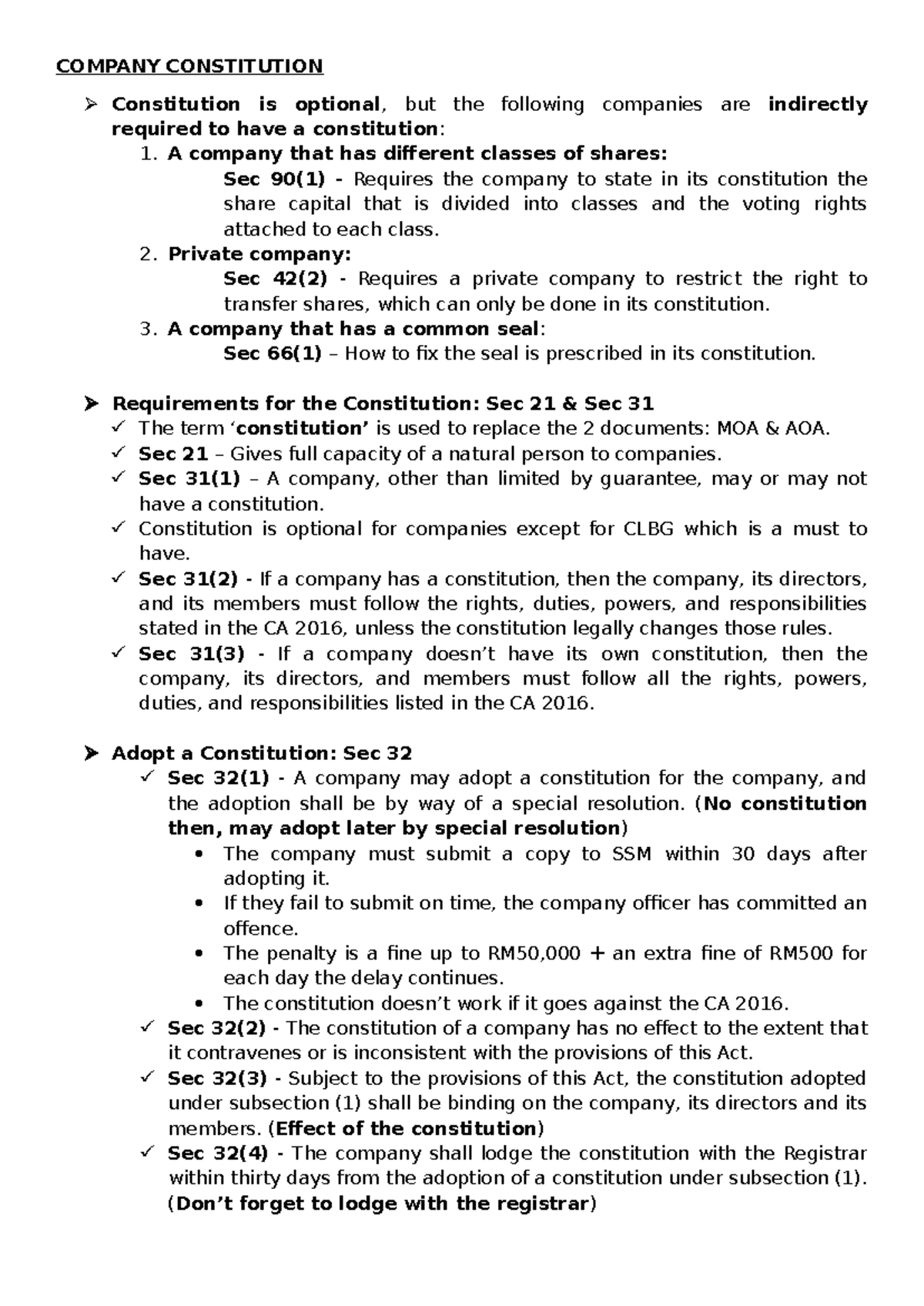 COMPANY LAW 101: Final Exam Notes on Company Constitution - Studocu