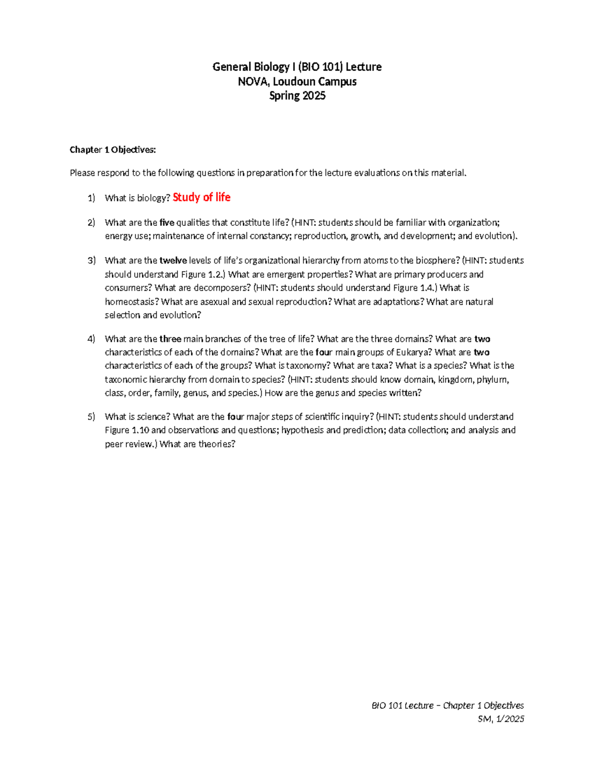 BIO 101 Lecture: Key Concepts and Objectives for Chapter 1 - Studocu