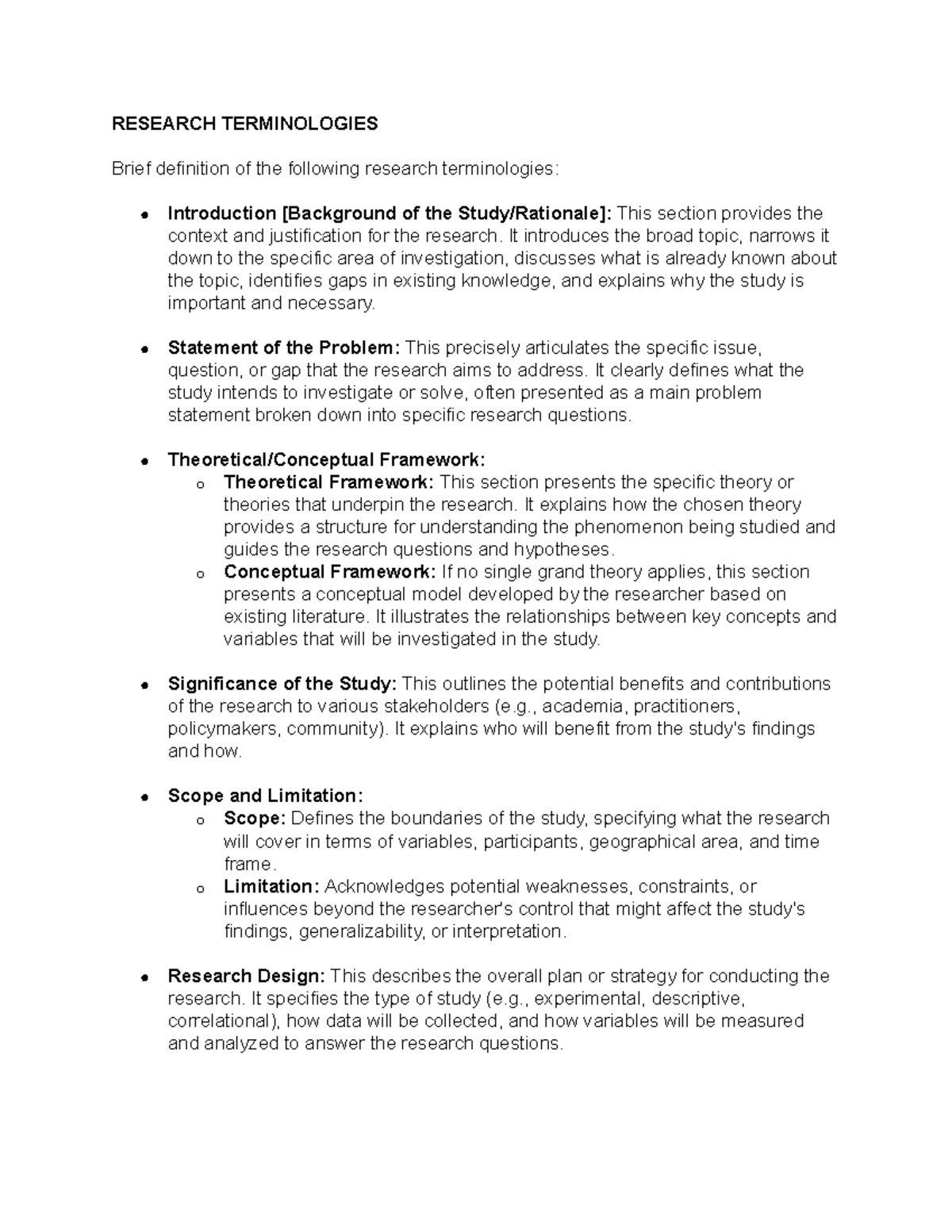 RESEARCH TERMINOLOGIES: Key Concepts and Definitions - Studocu