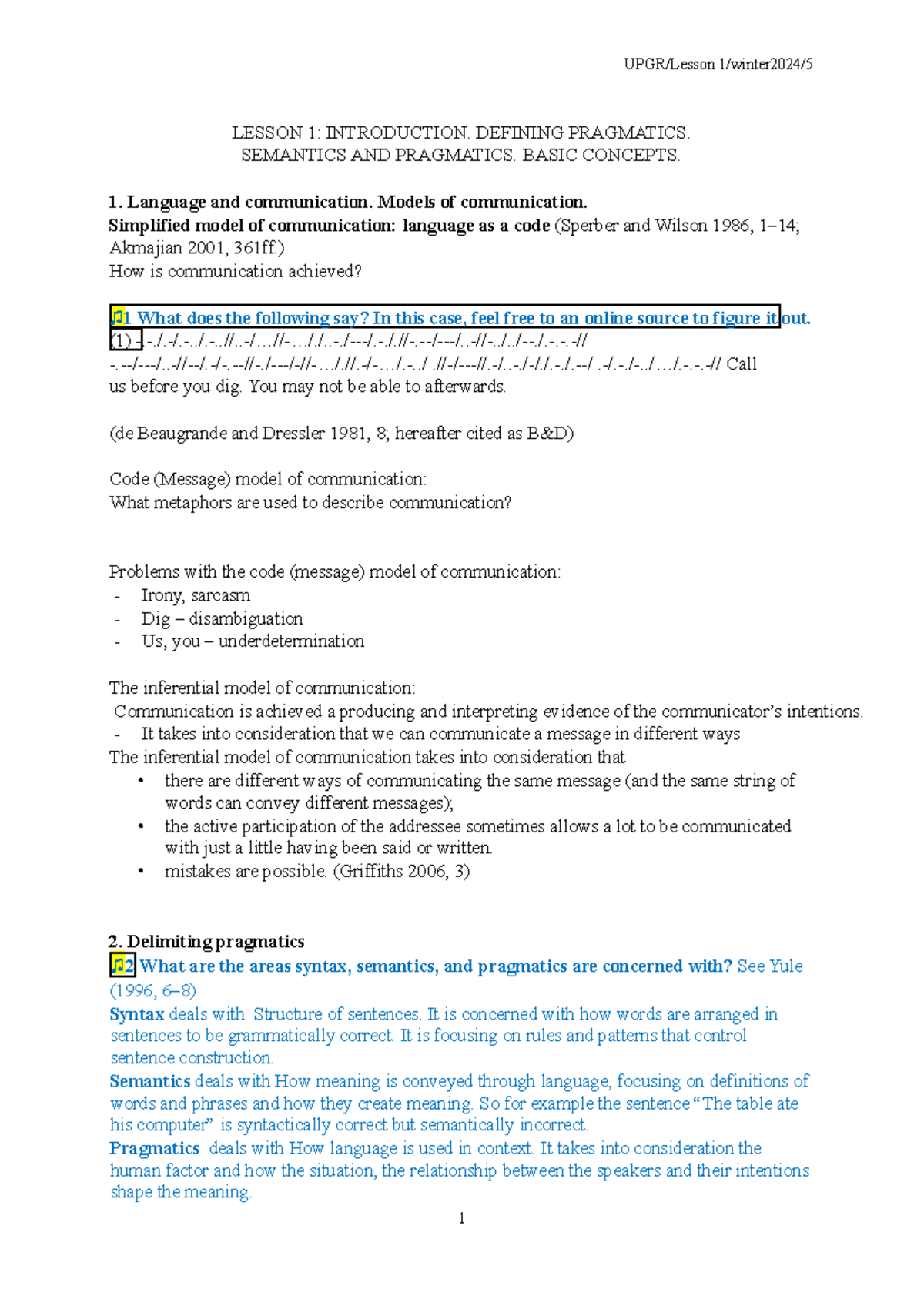 UPRG Lesson 1 Handout: Introduction to Semantics and Pragmatics - Studocu