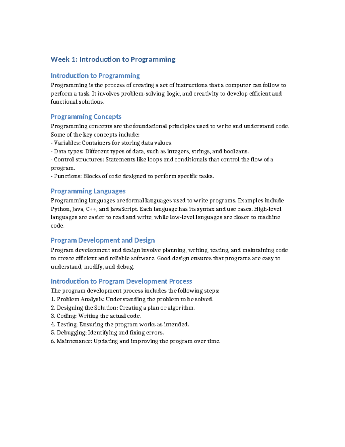Week 1: Intro to Programming Concepts and Development Process - Studocu