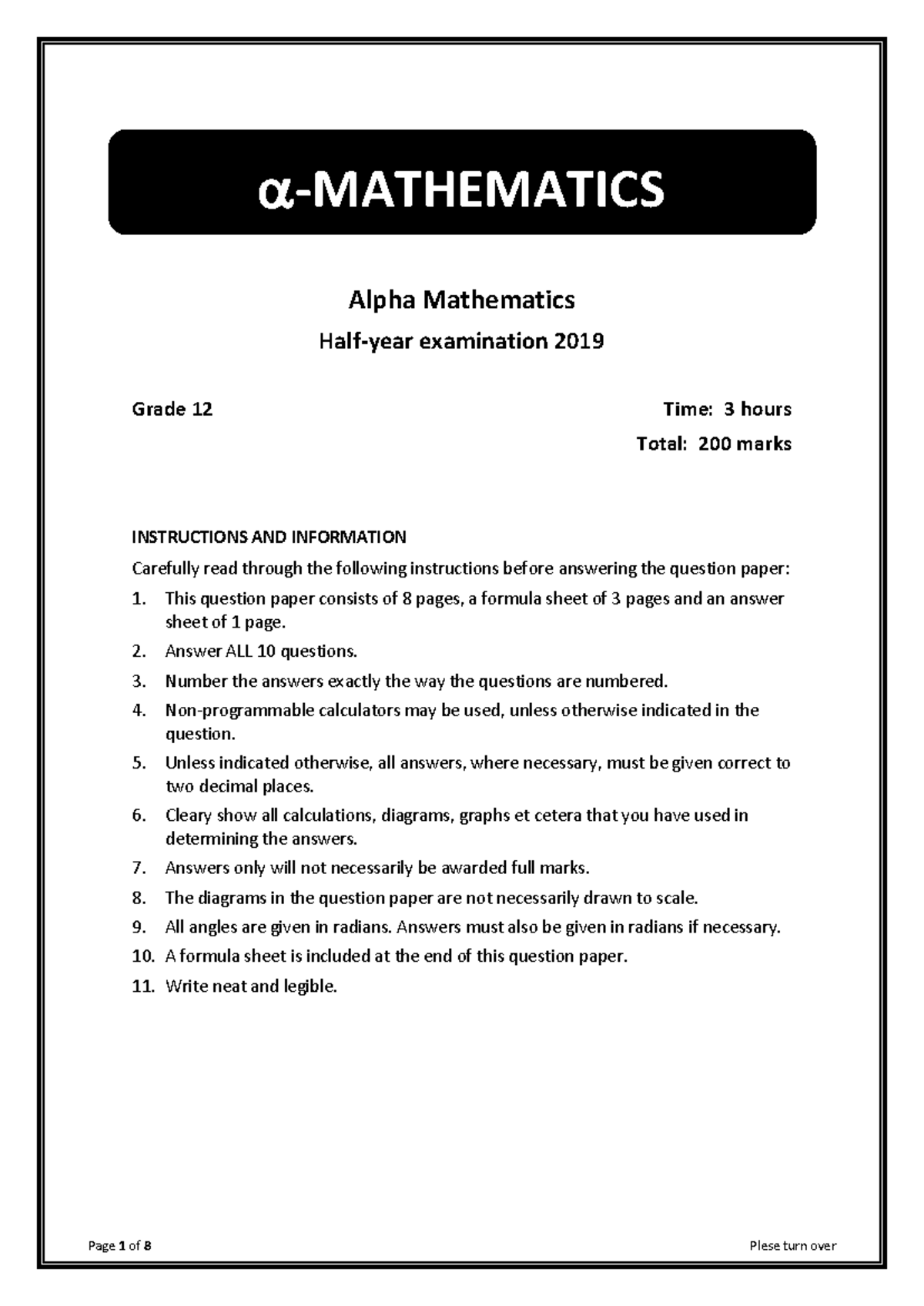 Alpha Mathematics Grade 12 Half-Year Exam 2019 - Studocu