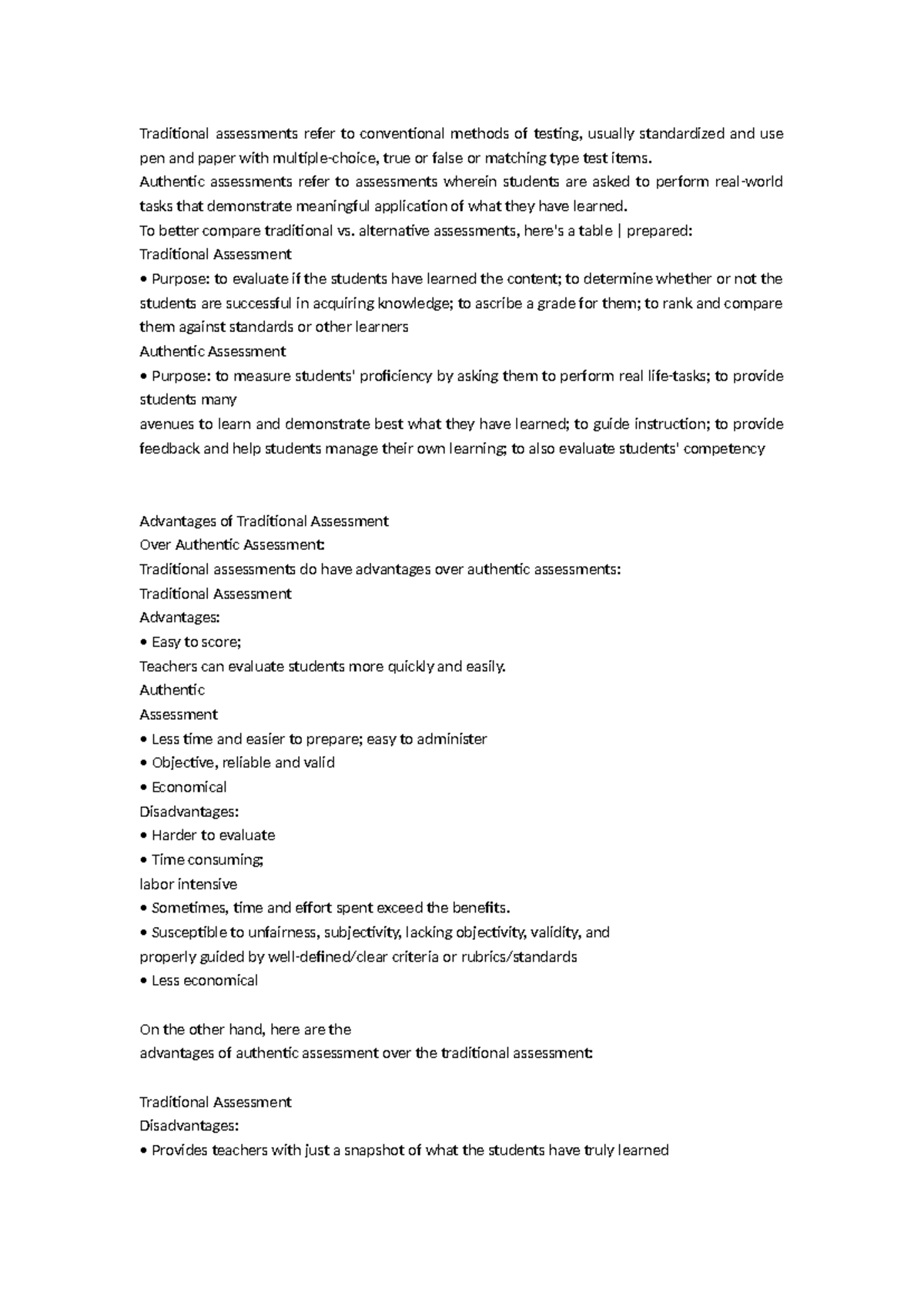 TLE 111 - Notes on Traditional vs Authentic Assessment for Elem. Level ...