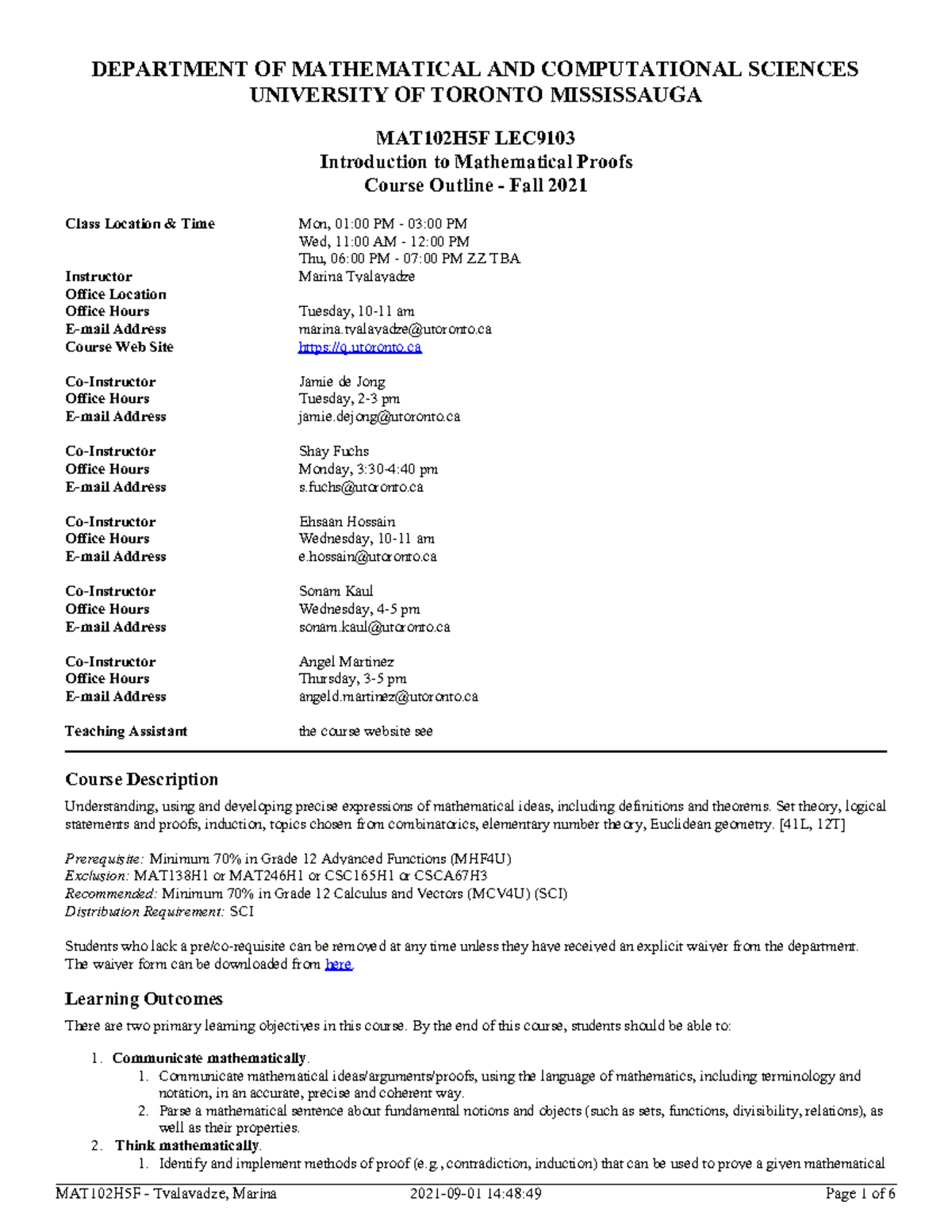 MAT102H5F LEC9103 Introduction to Mathematical Proofs Course Outline ...