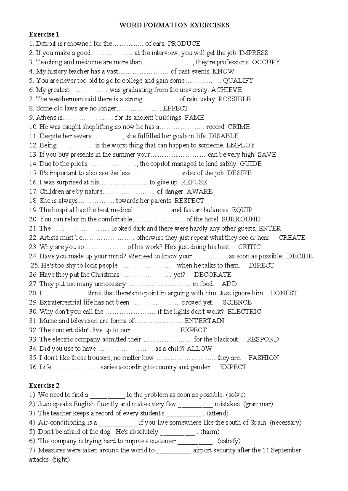 WORD FORMATION EXERCISES (ENG 101) - Studocu