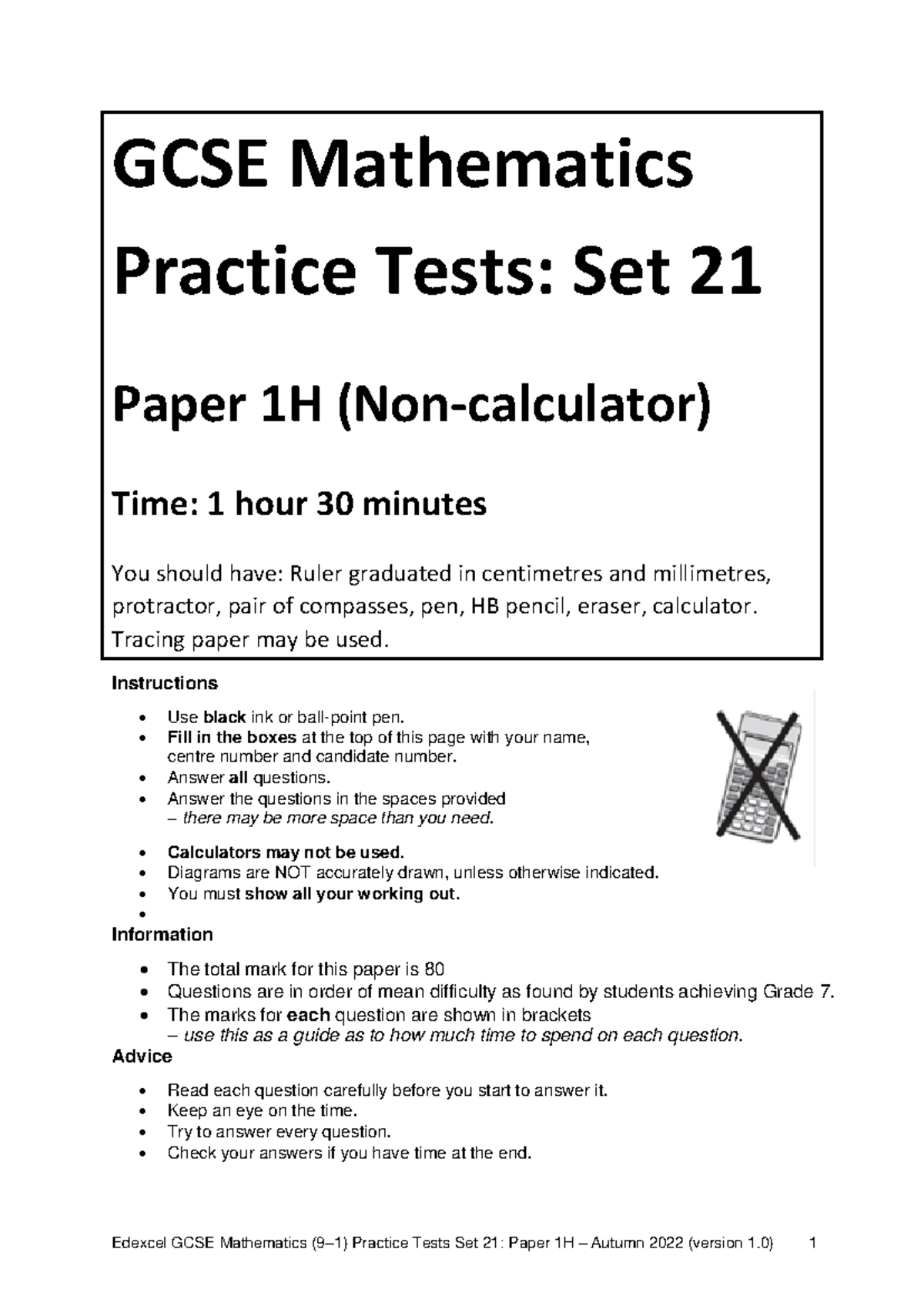 GCSE Maths Practice Tests Set 21 - Paper 1H (Non-calculator) - Studocu